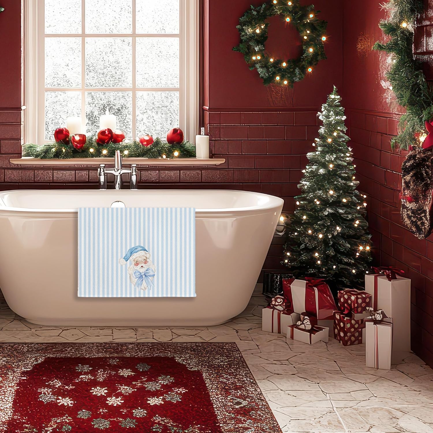 Condition photo showing New/Like New for Coquette Santa Christmas Kitchen Towels 16x24 Inch, Girly Santa Hand Towels for Bathroom Decorative, Blue and White Striped Xmas Holiday Dish Tea Towel for Kitchen Decor 