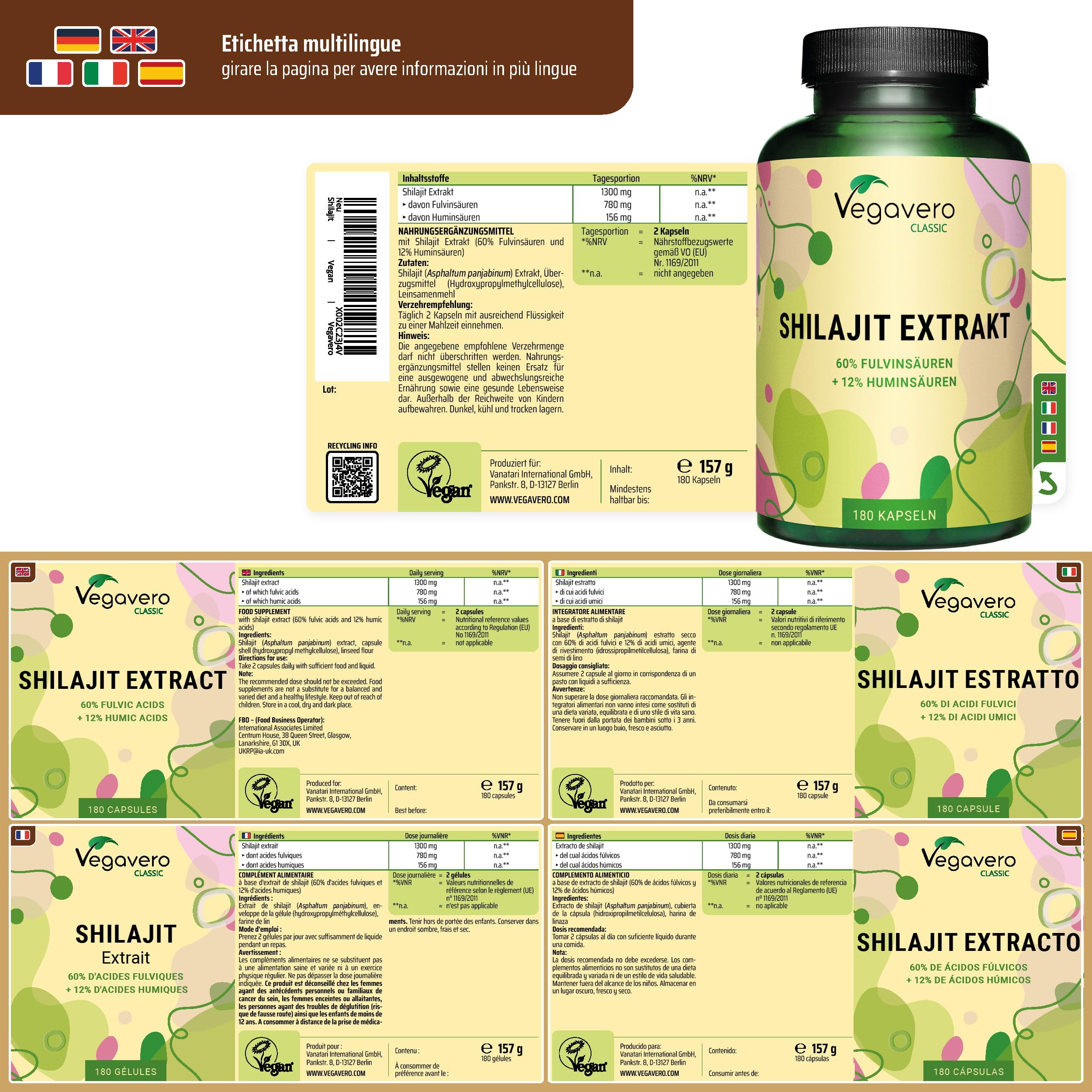 SHILAJIT MUMIJO Puro Vegavero® | 1.300 mg | con 60% Acidi Fulvici e 12% Acidi Umici | Mumio con più di 85 oligoelementi | Medicina Ayurveda e Tibetana | 180 capsule | Vegan