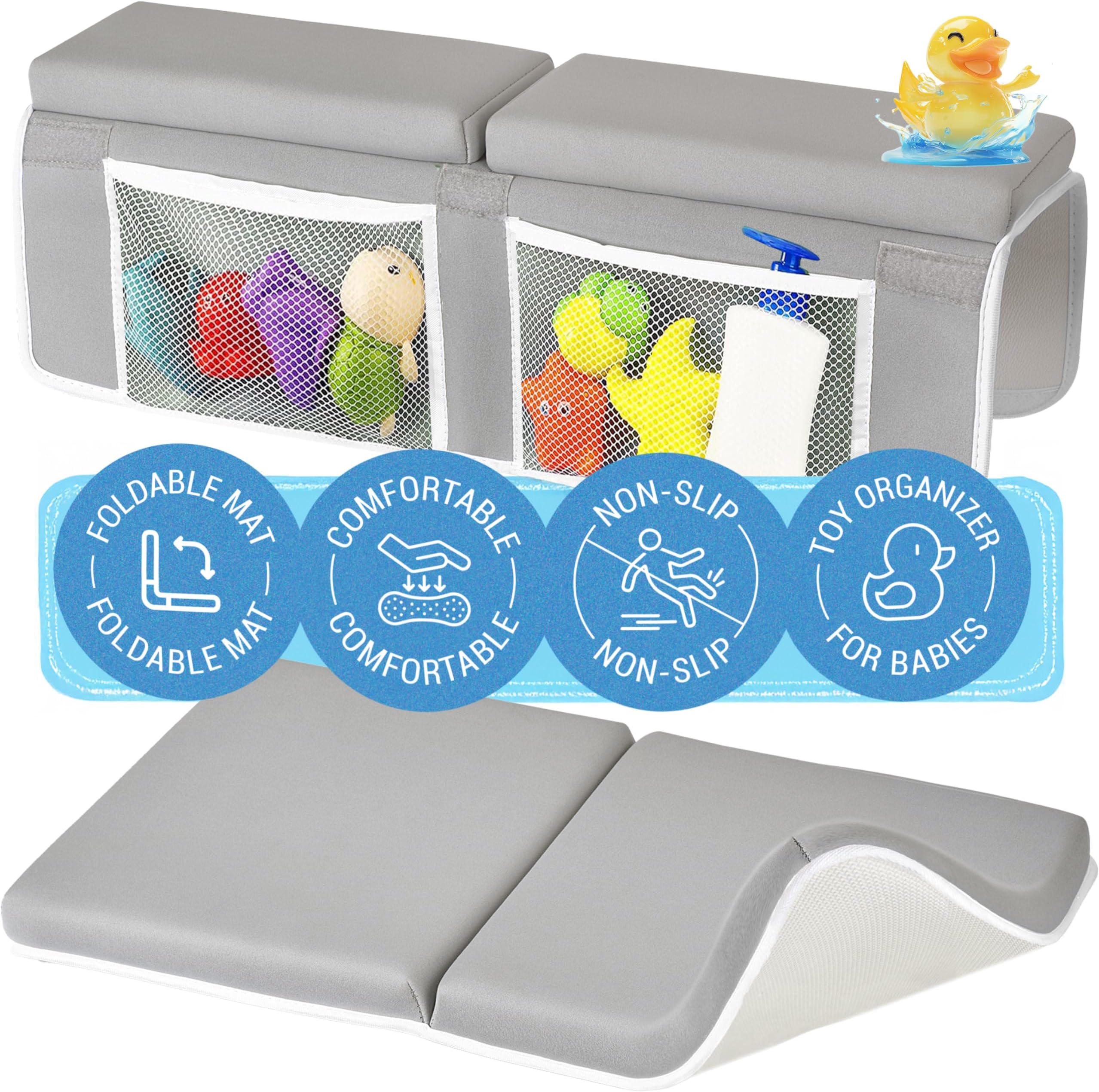 - colsen Baby Bath Kneeler and Elbow Kneeling Rest Pad Set – Comfortable, 1.5” Thick, Painless, Non-Slip, Foldable Mat for Bathing Parents, with Toy Organizer for Babies and Toddlers - Grey