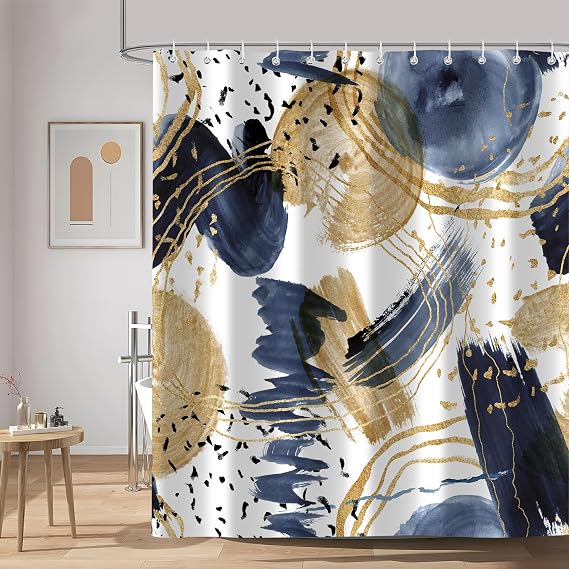 Abstract Blue Gold Shower Curtain and Bath Rugs Set, Boho Aesthetic Unique Modern for Bathroom Decor, Waterproof Cloth Fabric with 12 Hooks,72x72 Inch Non Slip Absorbent Bath Mat 17x29 Inch