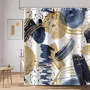 Abstract Blue Gold Shower Curtain and Bath Rugs Set, Boho Aesthetic Unique Modern for Bathroom Decor, Waterproof Cloth Fabric with 12 Hooks,72x72 Inch Non Slip Absorbent Bath Mat 17x29 Inch