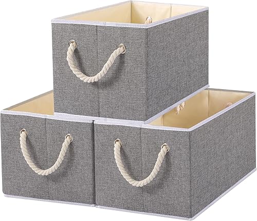 Miniatura 12 de Yawinhe Cesta de almacenamiento plegable, paquete de 3, cubos grandes de tela con asa de cuerda, utilizada para organizar estantes, armarios, ropa