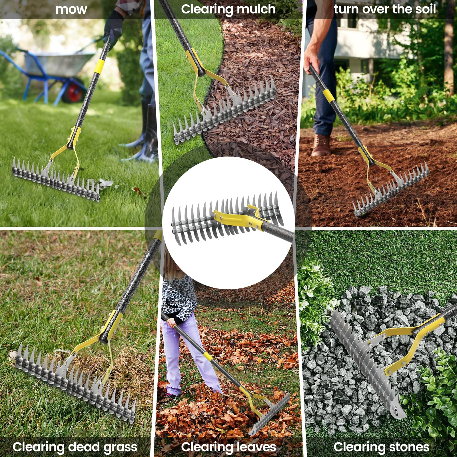 Rastrello per paglia da 140 cm, resistente, regolabile, per allentare il terreno, per livellare foglie, prato, agricoltura, pulizia del terreno, erba morta, cortile, giardino