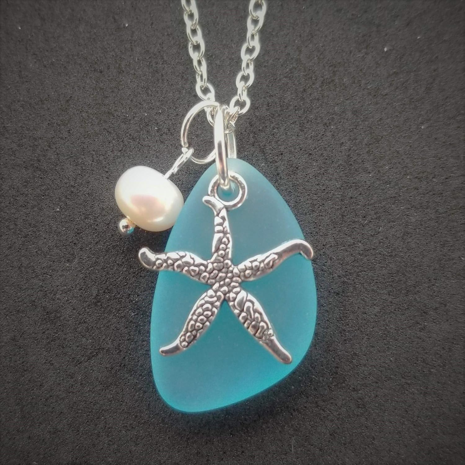Handmade in Hawaii, turquoise bay blue sea glass necklace,starfish charm,freshwater pearl,"December Birthstone", (Hawaii Gift Wrapped, Customizable Gift Message)