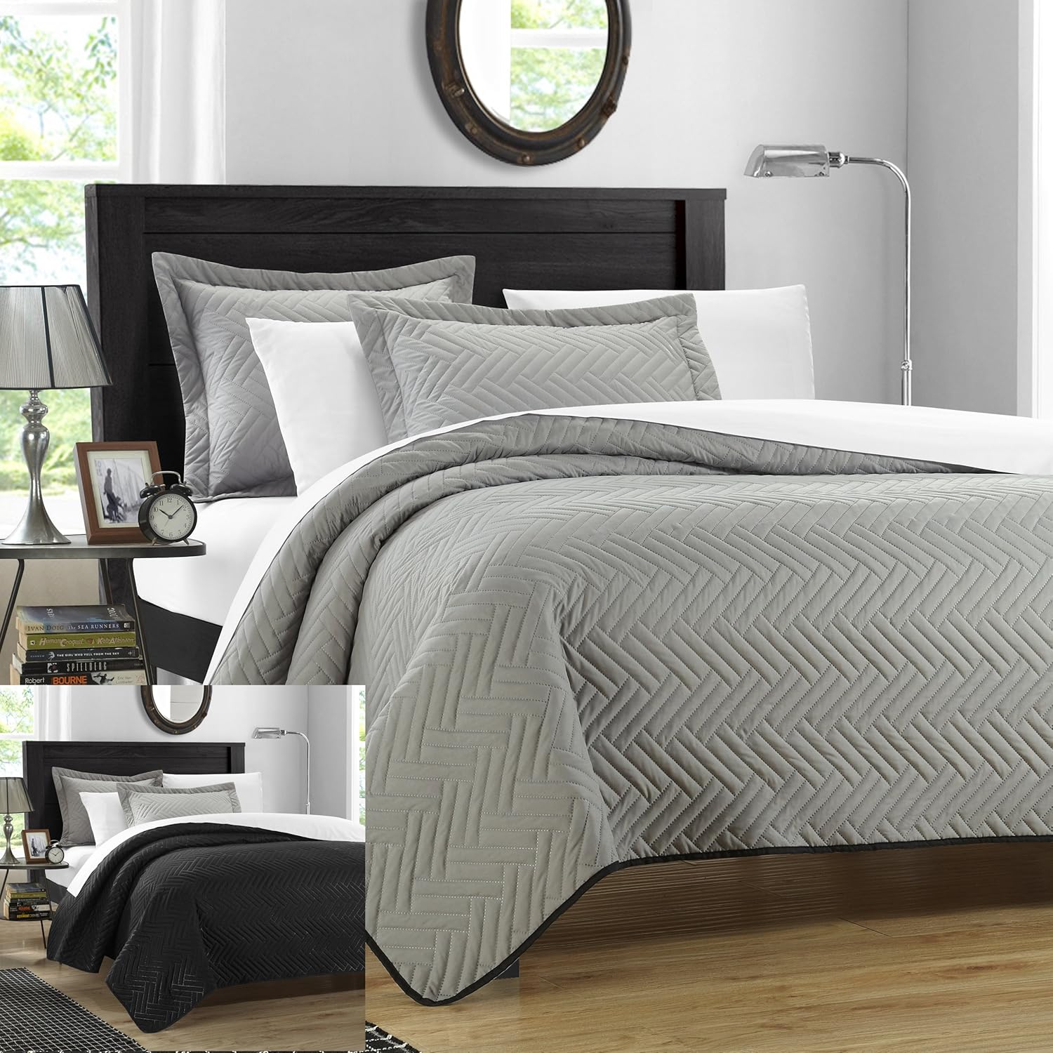 Chic Home 2 Piece Chevron Blocks Palermo Reversible Quilt, Twin, Silver