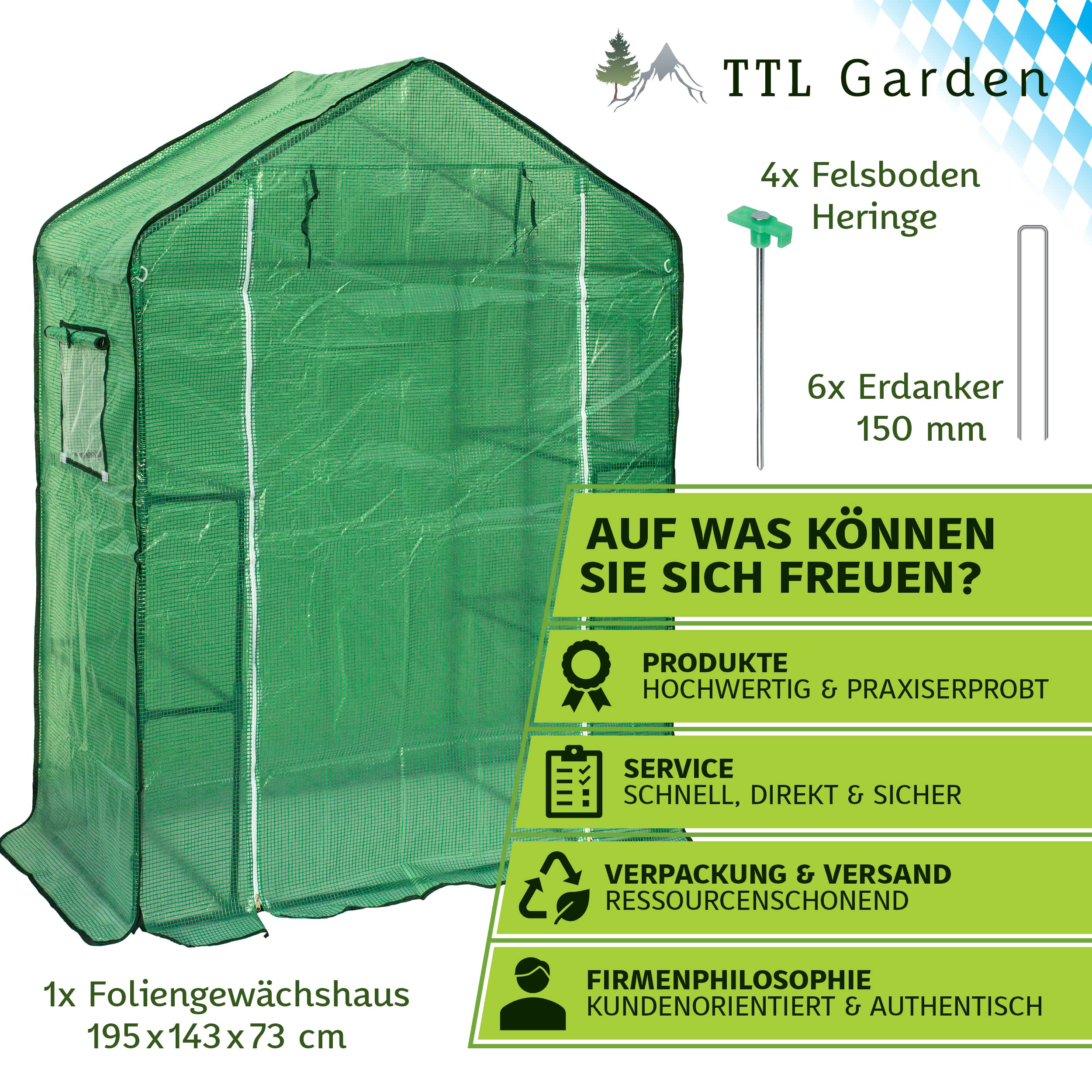 TTL GARDEN Foliengewächshaus 195 x 143 x 73 cm grün für Tomaten & Pflanzen | - Gewächshaus Treibhaus mit Gitter Schutzfolie, 2 Fenster mit Fliegengitter Bodenanker 6 Etagen + Regal Böden Winterfest