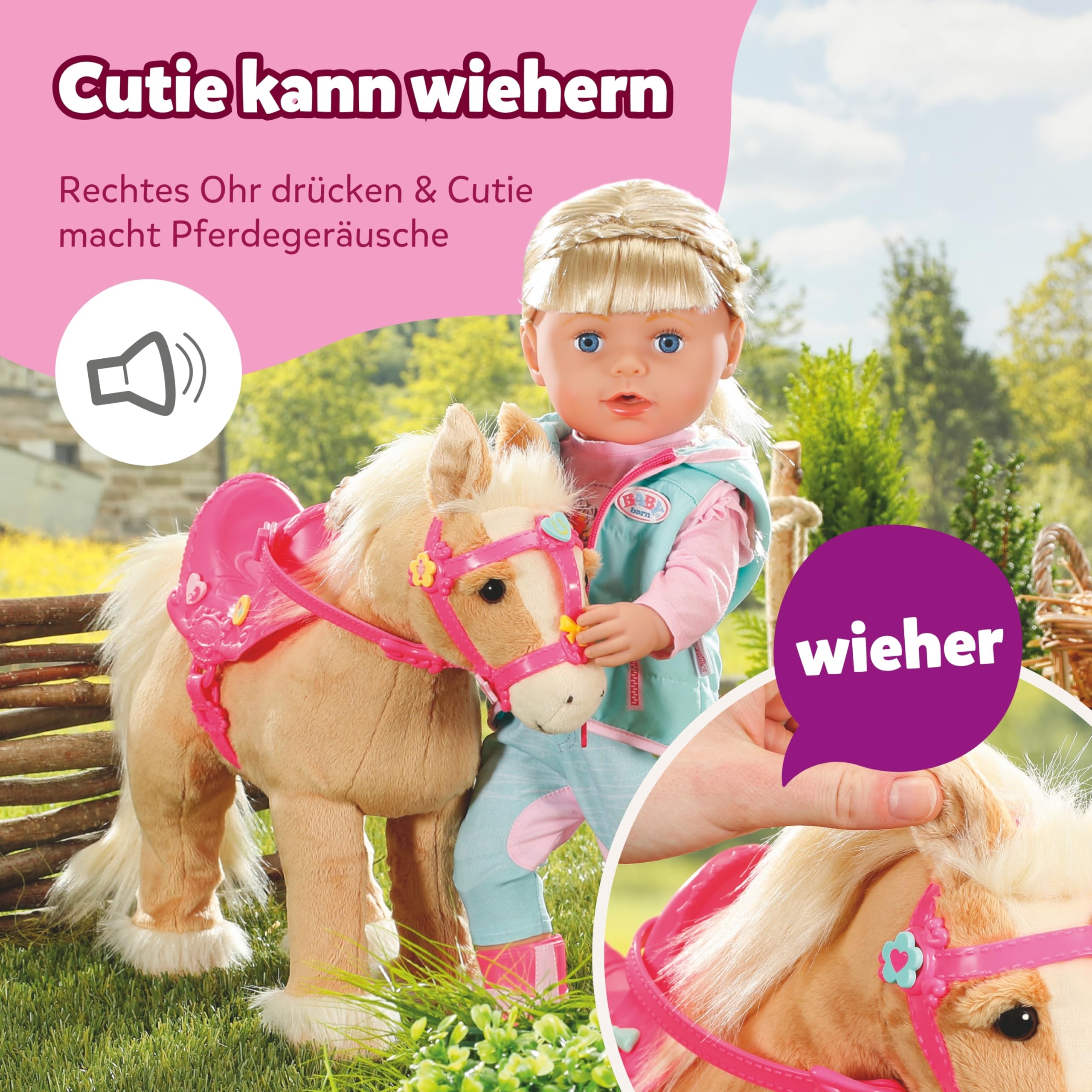 BABY Born, Puppenpferd, My Cute Horse, interaktives Pferd mit Lauf- und Soundfunktion, Plüsch, rosa Sattel und Zaumzeug sowie Pins zum Dekorieren, 840627 Zapf Creation