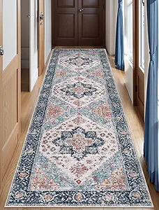 SERISSA Boho Washable Runner Rug, 2'6"x10' Long Non-Slip Vintage Blue Orange Hallway Kitchen Stair Runner Rug Ultra Soft Print Distressed Floor Carpet for Bedroom Bathroom Laundry Room