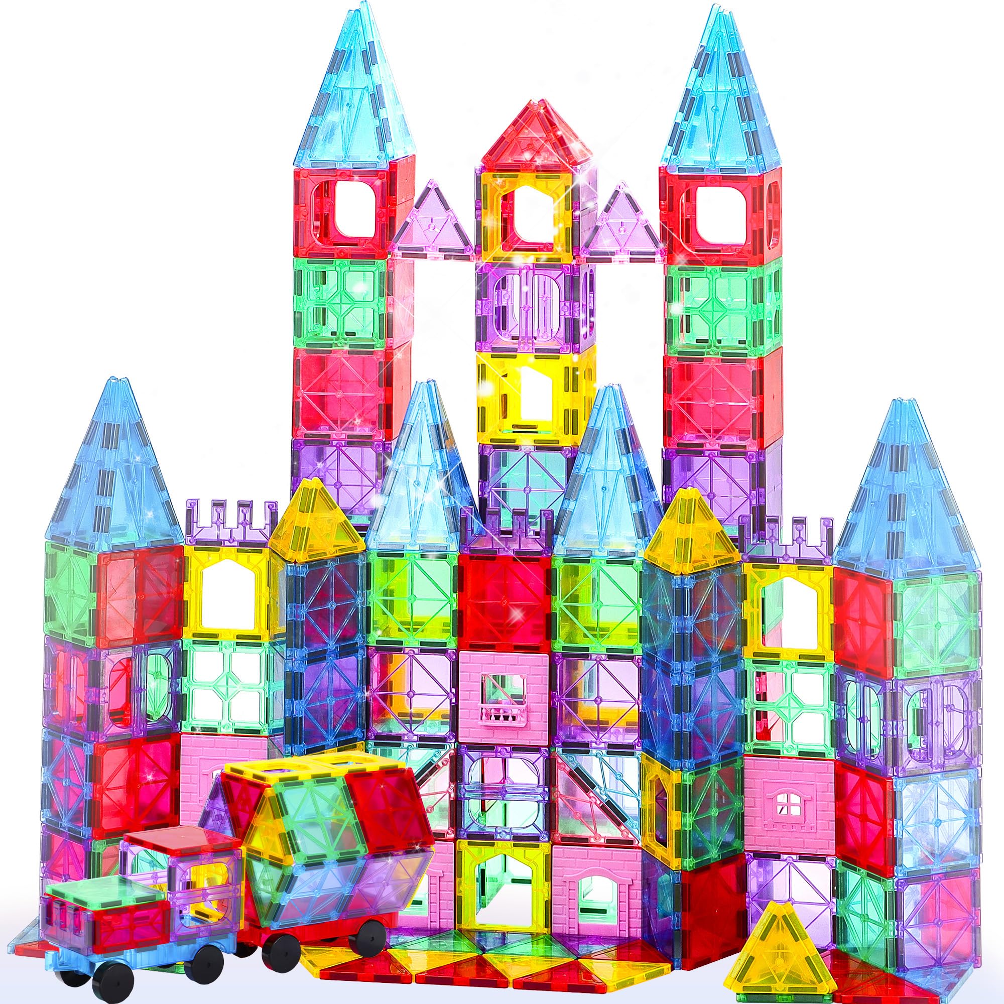 HAPPYMATY Upgraded Antibacterial Magnetic Tiles - 106 PCS Magnet Building Tiles with 2 Cars for Kids, Inhibits Bacterial Growth for Safe Play, 3D STEM