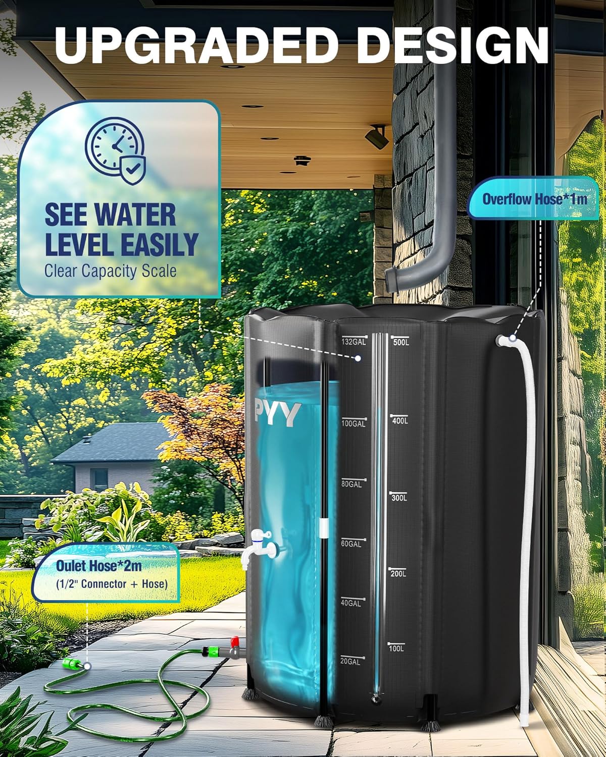 PYY Rain Water Collection Barrel - 132 Gallon Black Water Storage Tank with Spigot, Hose and Portable Bucket, Large Plastic Collapsible Rain Catcher Catchment System to Collect Rainwater from Gutter