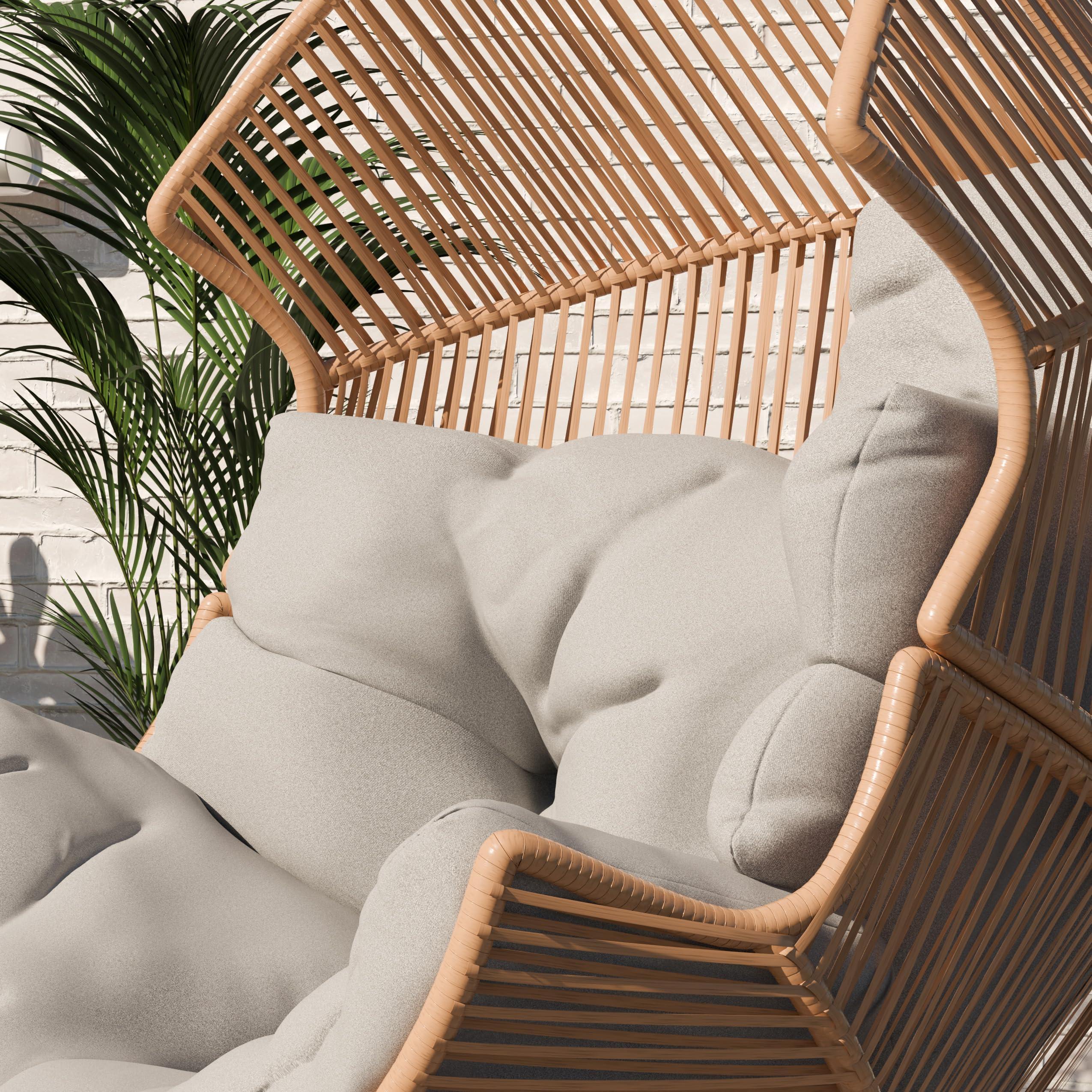 Summery, fotel rattanowy, odporny na warunki atmosferyczne, fotel ogrodowy z poduszką do siedzenia, fotel balkonowy, fotel wiklinowy na taras, poduszka odporna na działanie wody, szara, wyściełana