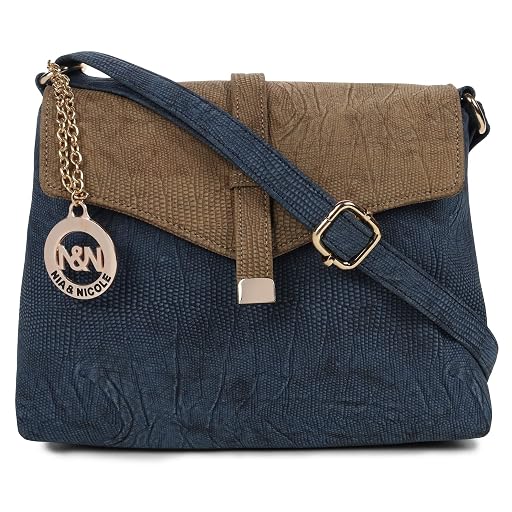 Nia & Nicole Navy Blue and Beige Sling Bag