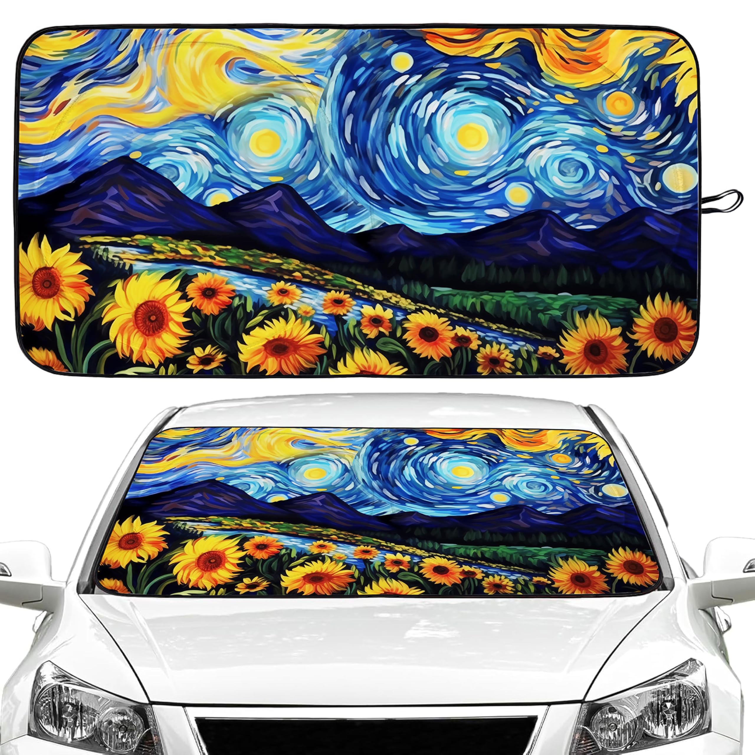 Starry Night Sunflowers Car Windshield Sun Shade Foldable Sunshade Front Window Cover Sun Visor Protector Accessories (59x27.5 inches)