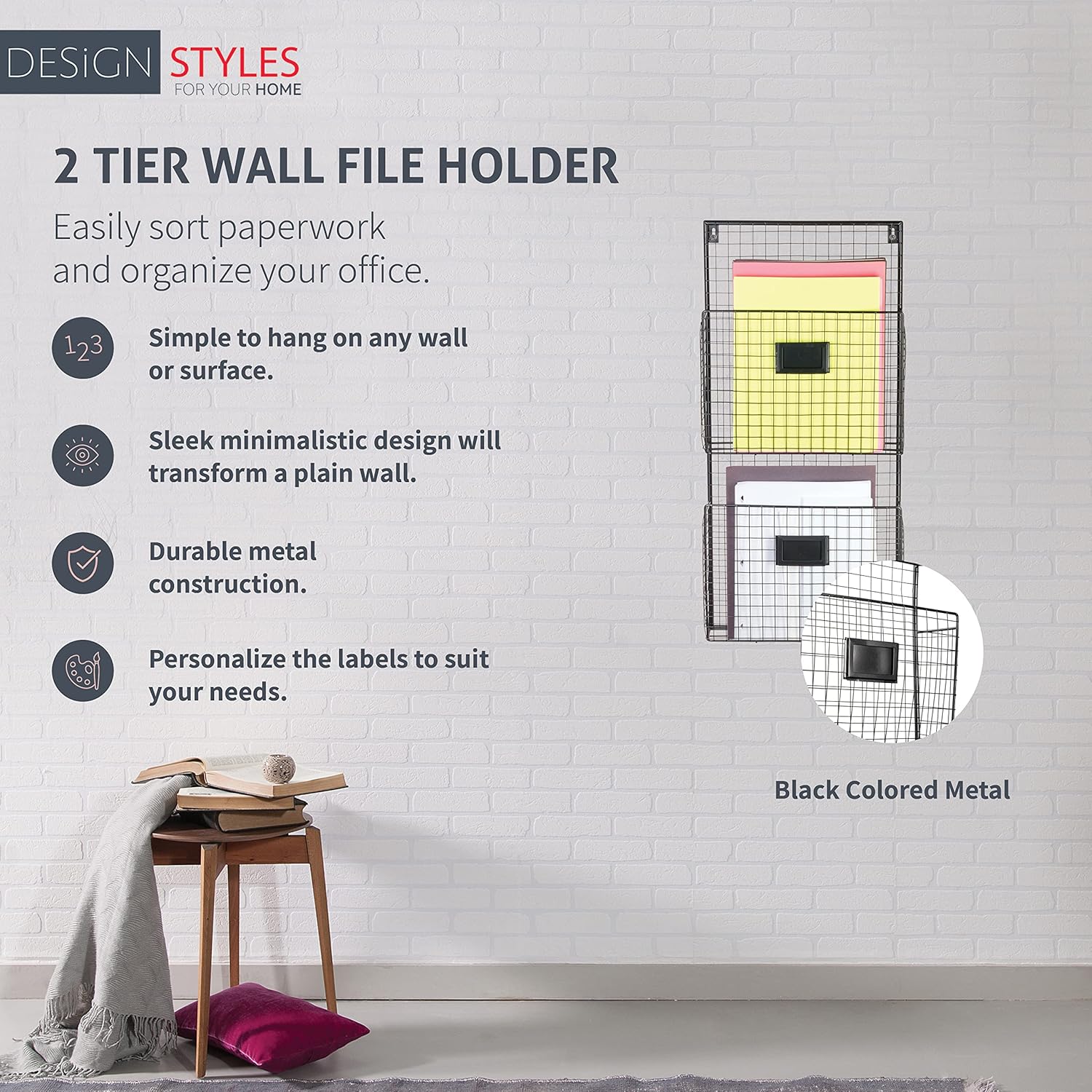 Designstyles Two Tier Wall File Holder – Durable Black Metal Rack with Spacious Slots for Easy Organization, Mounts on Wall and Door for Office, Home, and Work
