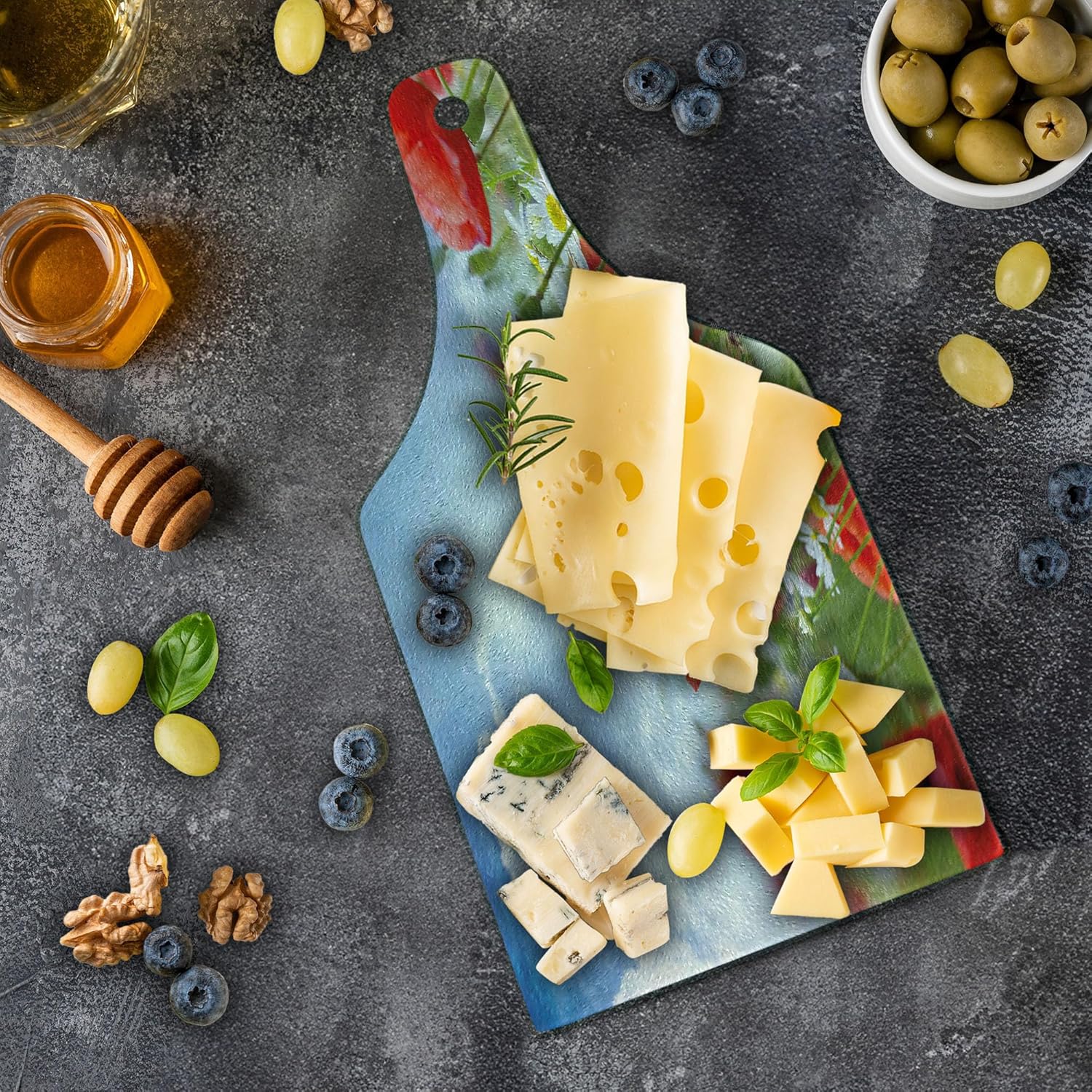 Ambesonne Country Cutting Board, Idyllic Spring Meadow with Poppy and Daisy Flowers Sunny Sky Clouds Garden Design, Decorative Tempered Glass Cutting and Serving Board, Wine Bottle Shape, Blue Red