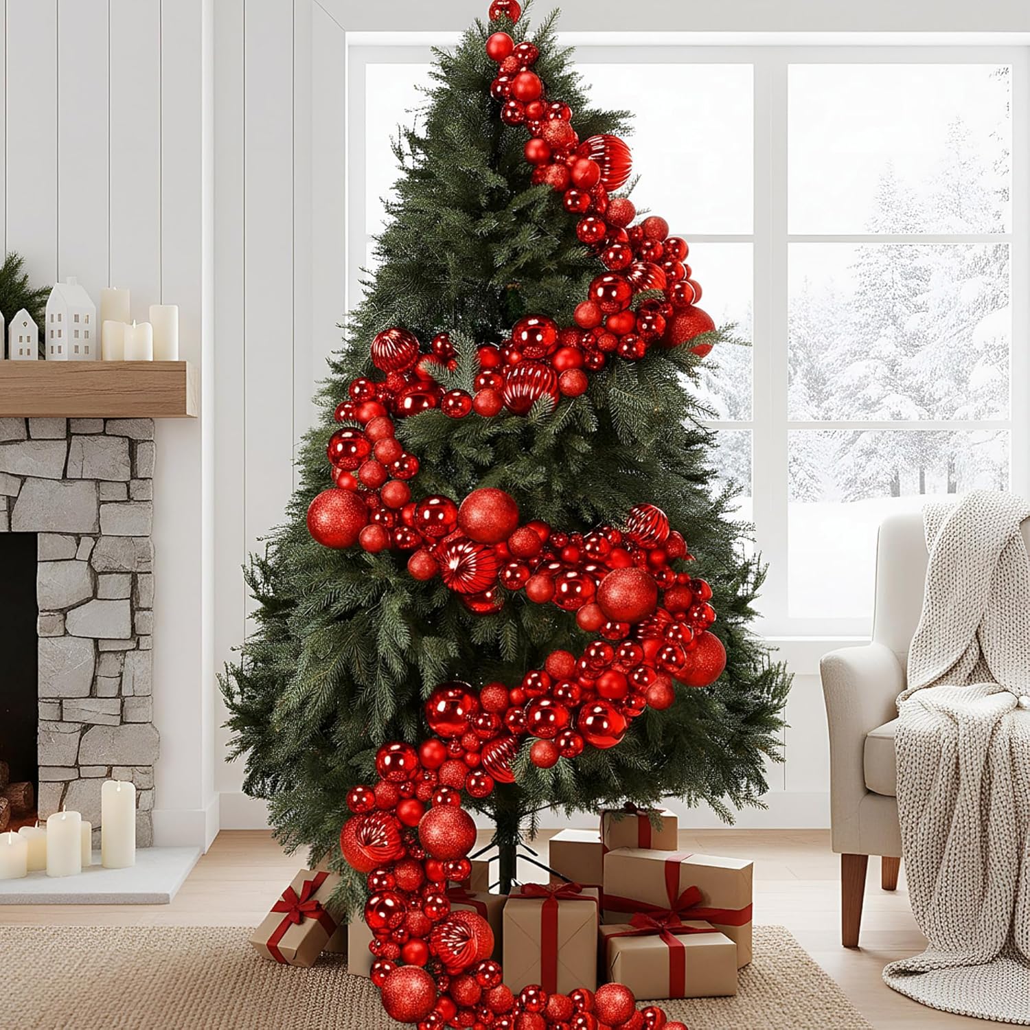 9.8 Ft Christmas Ball Garland Ornaments Bauble Garland Glitter Shatterproof Christmas Tree Ball Ornaments for Xmas Party Supplies Home Indoor Outdoor Decoration(Red)
