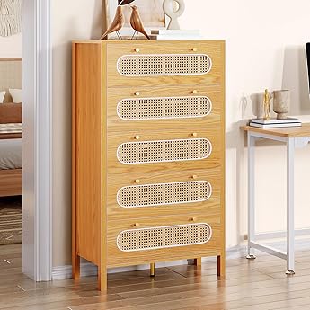 DWVO Buffet Cabinet Rattan - with 6 Wood Storage Drawer TV Stand Coffee Bar with Golden Handles for Living Room/Dining Room/Entryway-Natural