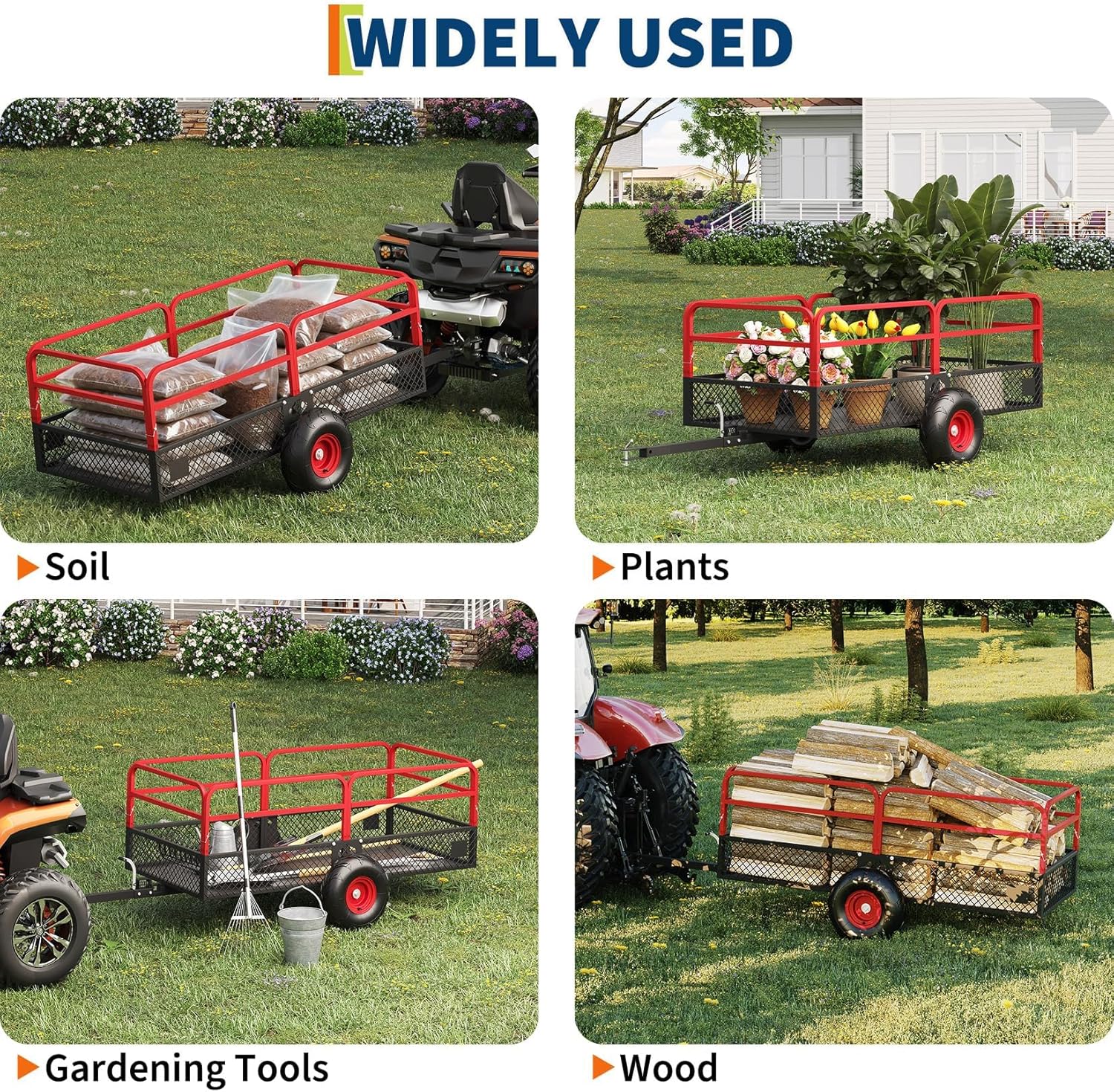 GarveeLife ATV UTV Trailer Tow Behind Dump Cart, 1600 lbs 22 Cubic Feet Heavy Duty Yard Garden Trailer Pull Behind with Removable Sides & All Terrain Tires, Fits Lawn Mower, Tractor, Garden