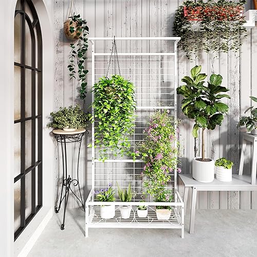 Miniatura 5 de Outsunny Soporte alto para plantas con enrejado y barra para colgar, soporte de metal para plantas trepadoras, flores, uso en interiores y