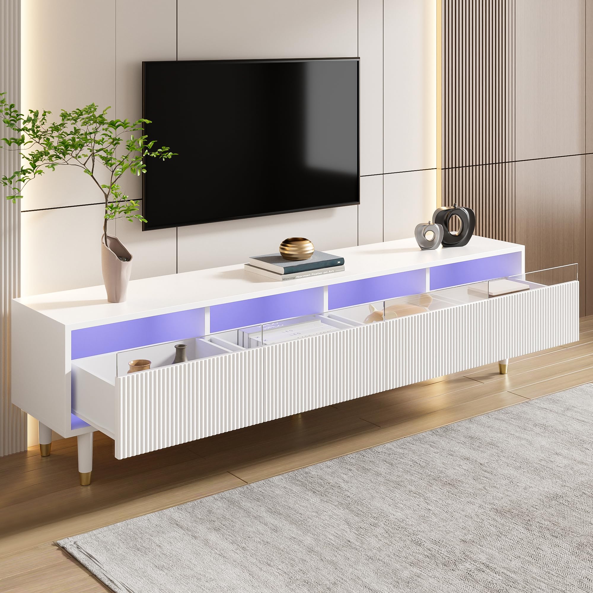 Merax TV-Schrank Lowboard TV-Möbel mit 4 Schubladen,178 x 35 x 45 cm MDF & Acryl, Kabelmanagement, stabil & stilvoll, minimalistisches Wohnzimmermöbel - weiß