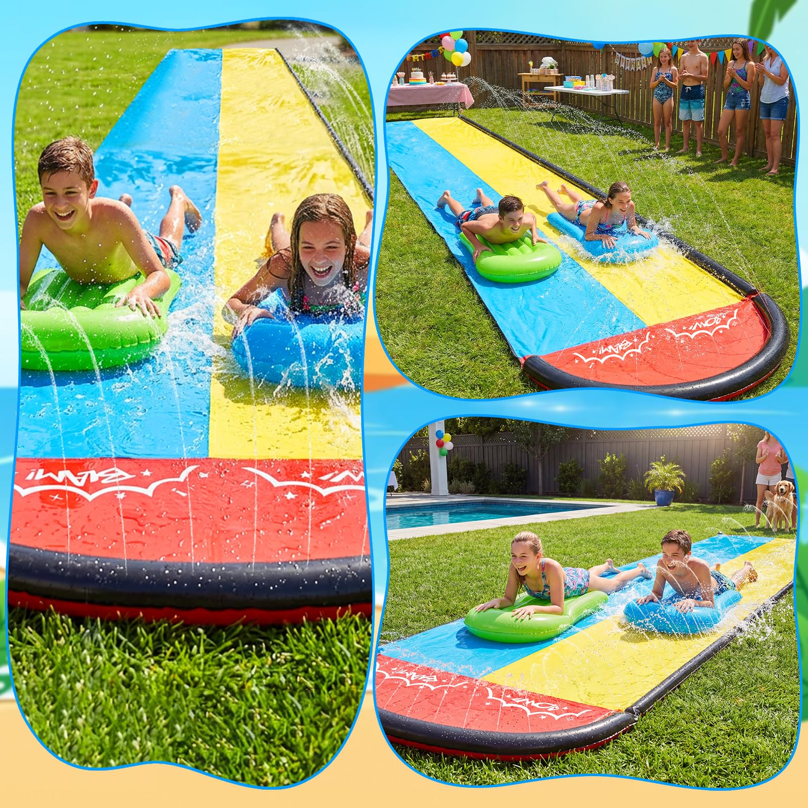 Mineup Wasserrutsche Garten 480 x 140cm Doppelrutsche mit Sprinkler Bodyboards