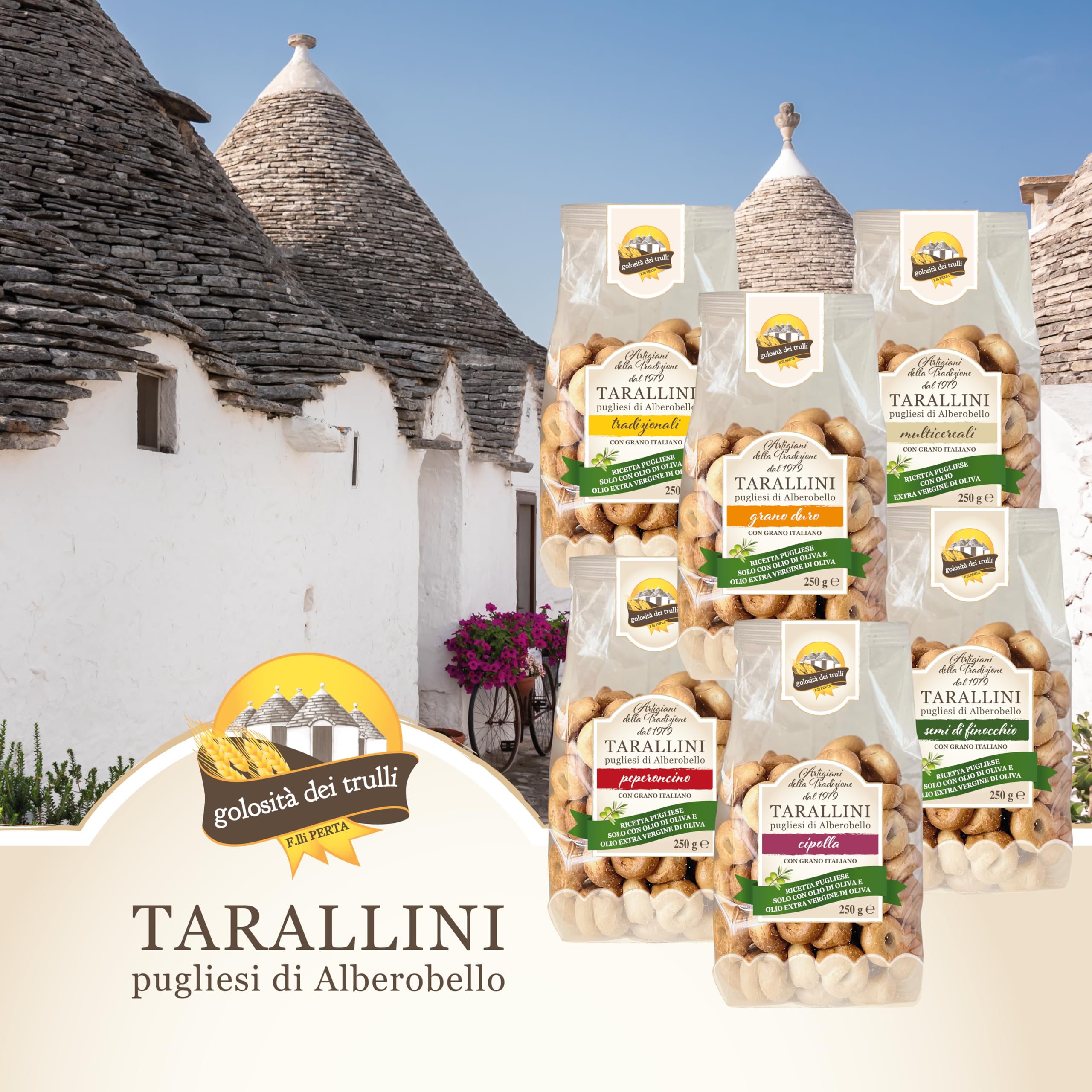 Golosità dei Trulli | Taralli Pugliesi con Olio Extravergine di Oliva, 6 Confezioni da 250 gr | Tarallini per Aperitivo, Snack Salati | Gusti Assortiti