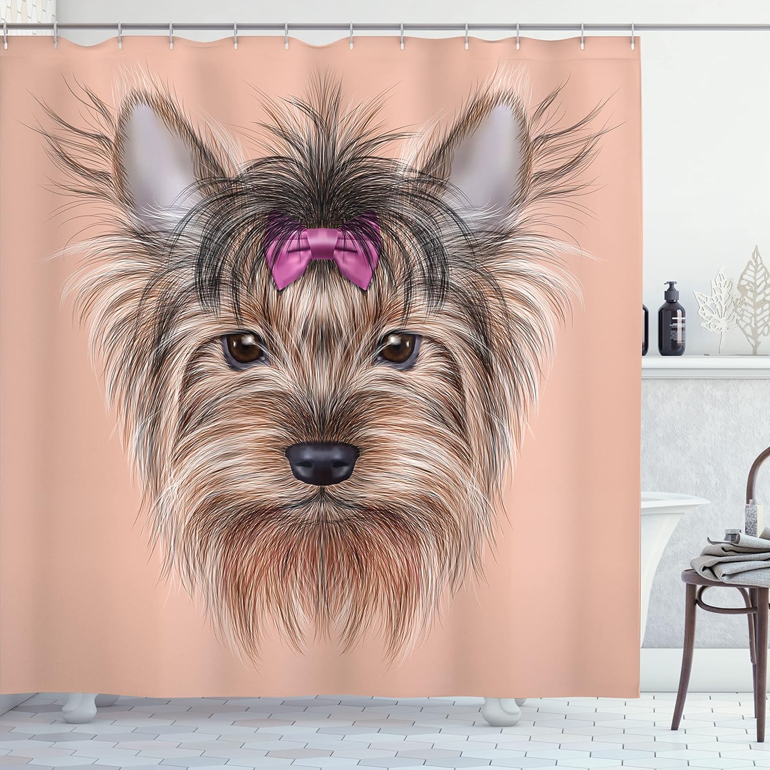 Ambesonne Yorkie Shower Curtain, Realistic Computer Drawn Image of Yorkshire Terrier with Cute Ribbon Animal, Fabric Bathroom Decor Set with Hooks, 69" W x 70" L, Salmon Light Brown