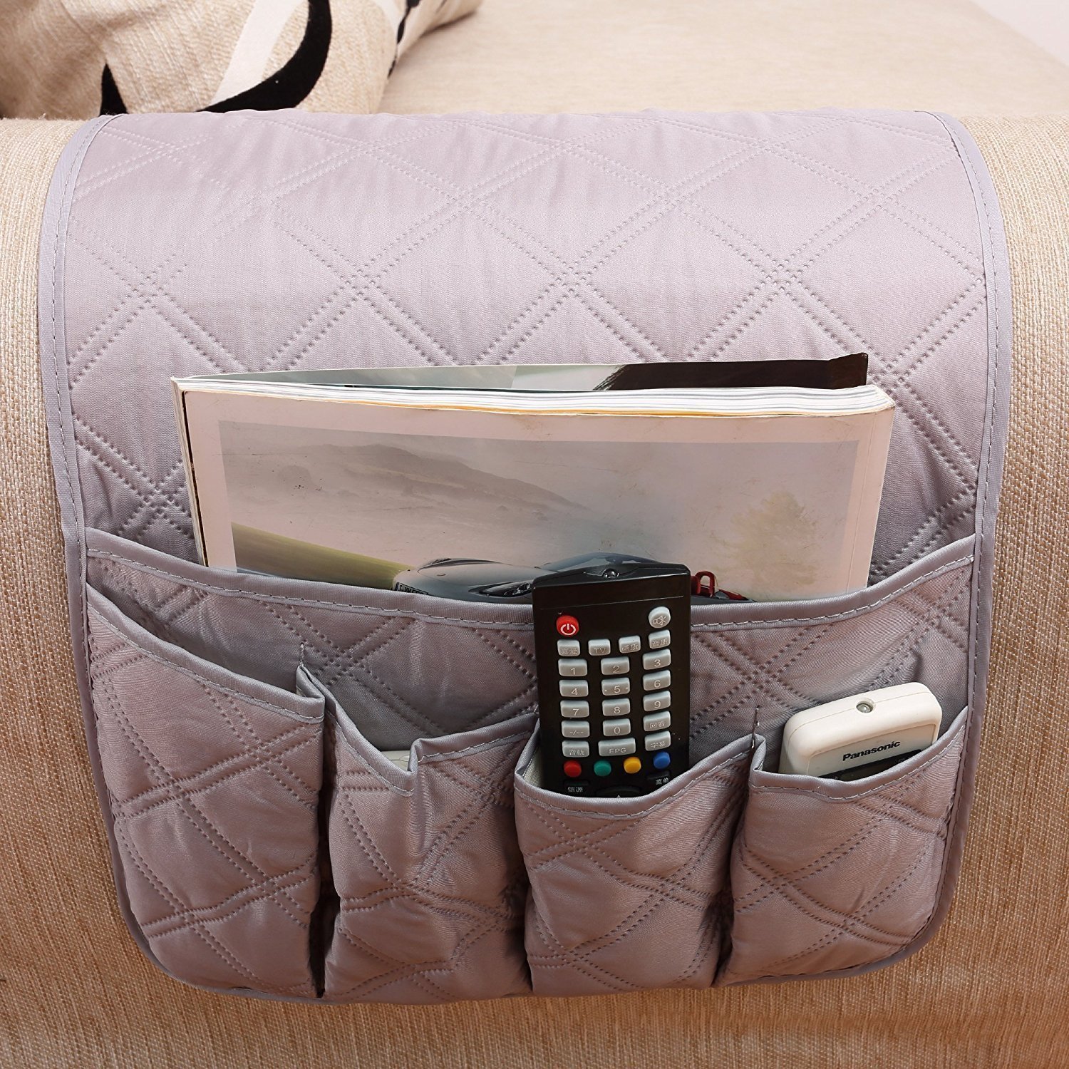 Waterproof Armrest Covers Sofa Arm Organizer with 5 Pockets for Tablet Magazines TV Remote Holder, Non-slip Recliner Couch Armchair Slipcover Furniture Sofa Arm Protector Storage Caddy Pouch