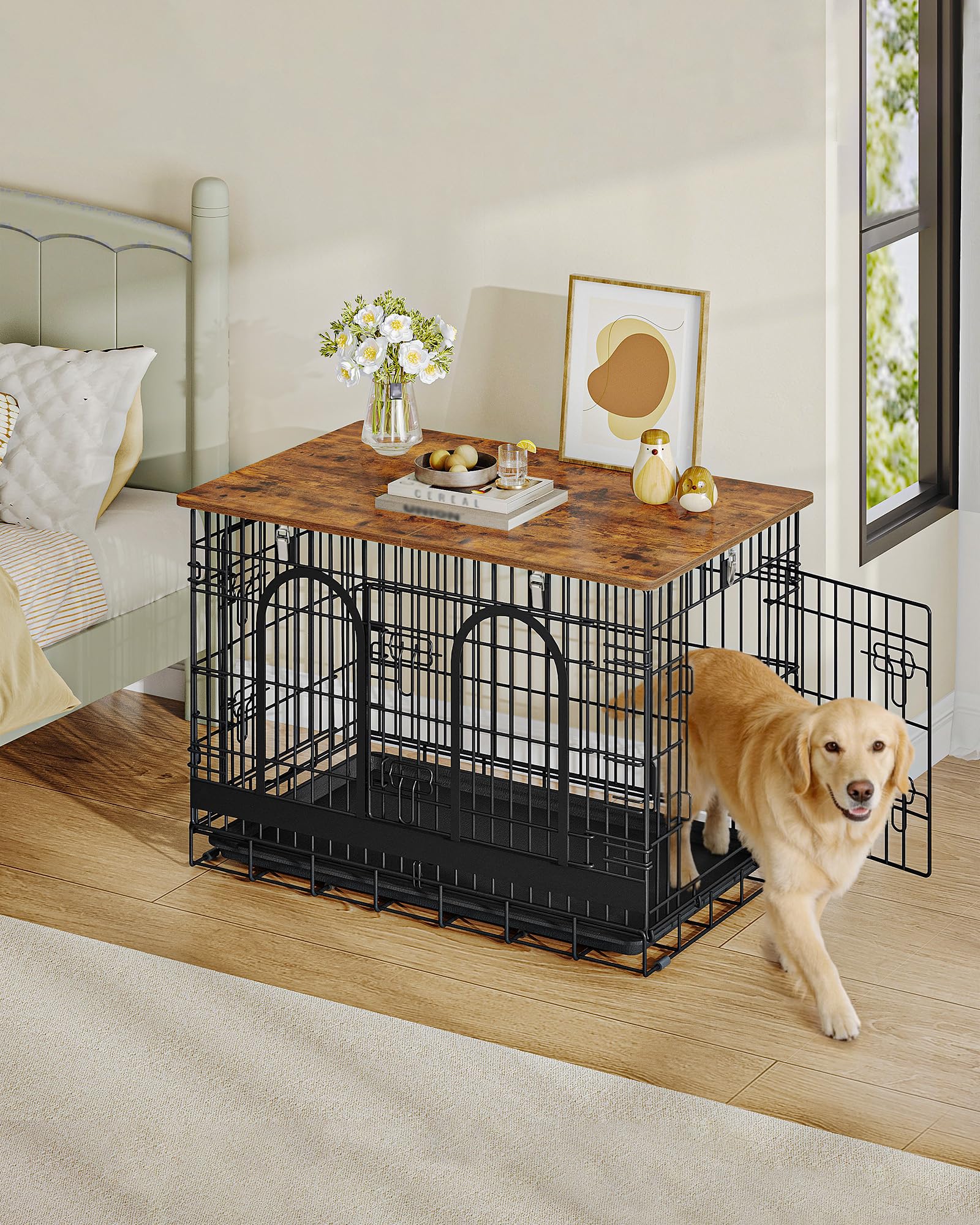 Hzuaneri Cage pour Chien, 94 cm Meuble Cage Chien en Fil, Noir Marron | Cage Épaissie Usage Intérieur/Extérieur, Pliable avec plateau, Taille L pour Chiens Petits/Moyens, 94 × 60 × 64 cm, DFC98501B