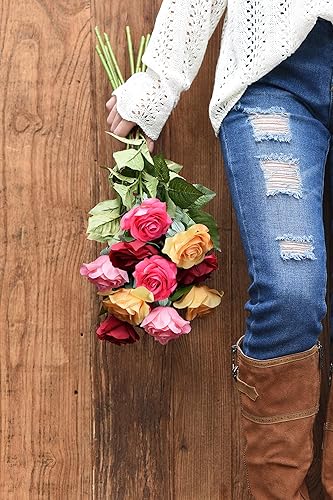 Miniatura 215 de FiveSeasonStuff 12 tallos de flores artificiales, rosas de seda de tacto real para decoración de bodas, ramos de novia, centros de mesa, fiestas y 9