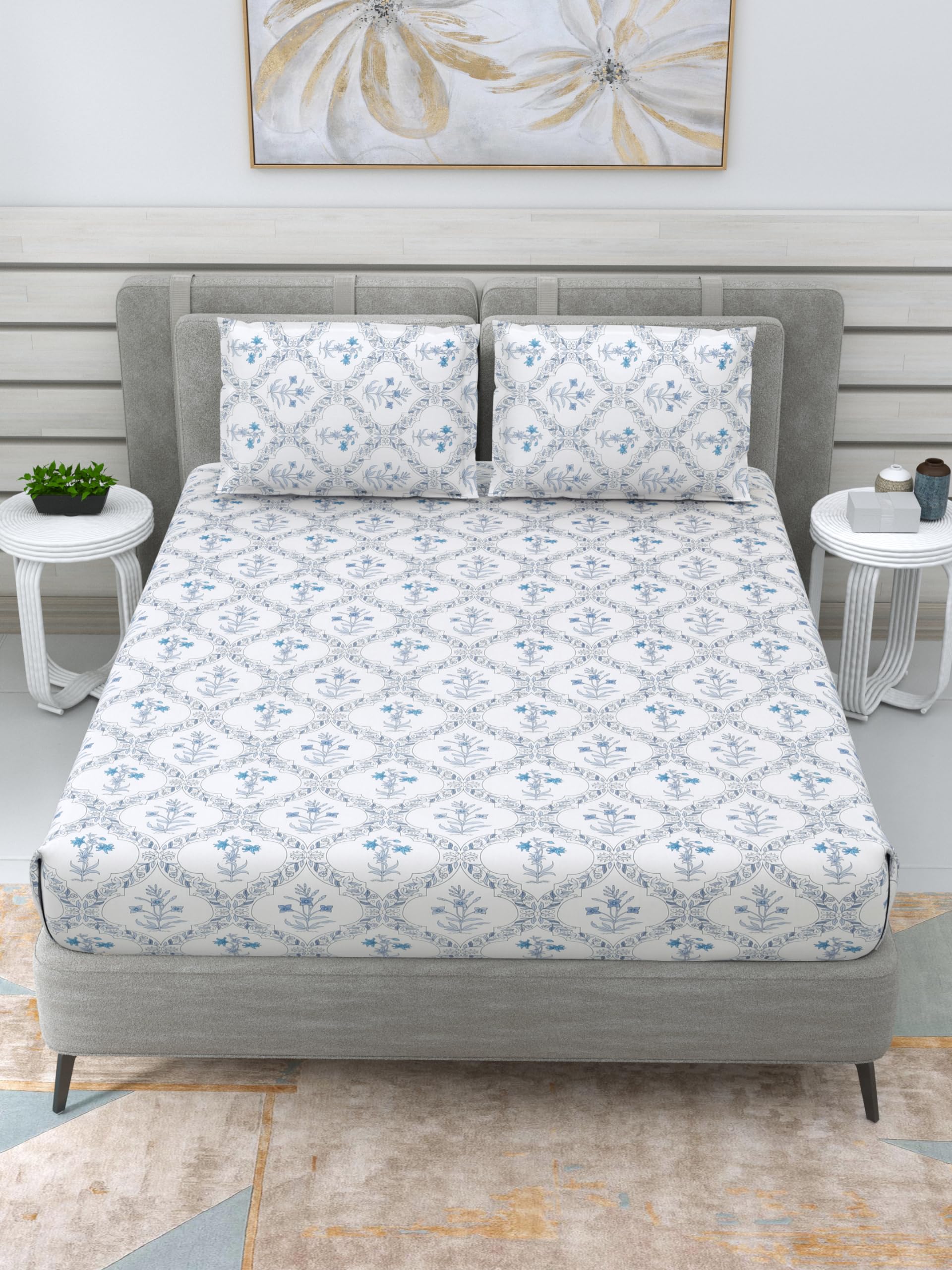 THE LINEN COMPANY Cotton Super King Bed Sheet with 2 Flange Pillow Cover | 300 TC Premium Cotton Bedsheet Soft (108 X 120 Inches, Blossom Blue) (B0CM9YM9LT) Amazon Price History, Amazon Price Tracker