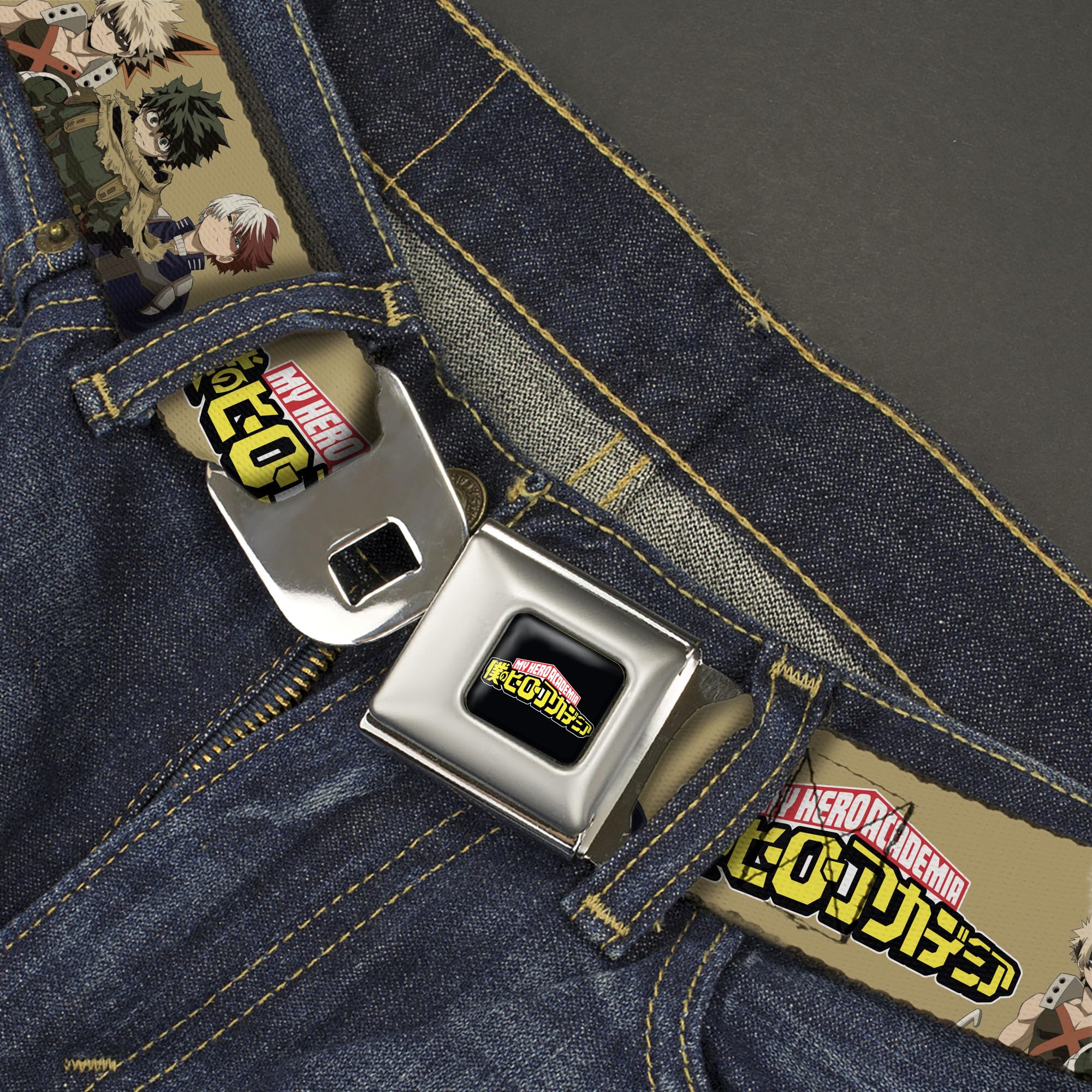 My Hero Academia Belt, Seatbelt Buckle Belt, My Hero Academia Character Trio Pose and Title Logo Tan, Youth 20 to 36 Inches