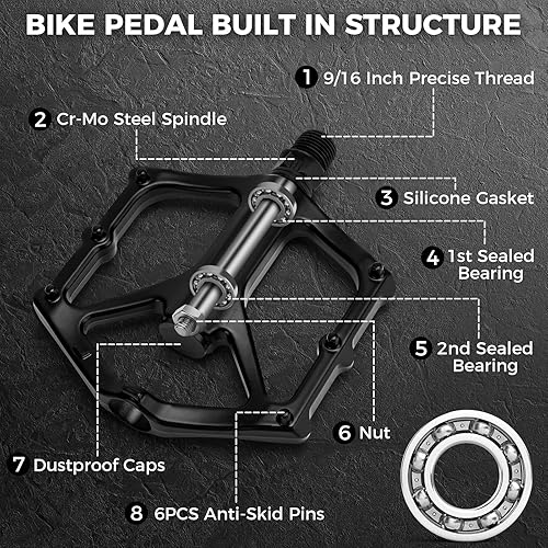 Miniatura 3 de Hapleby Pedales de bicicleta de alta calidad de 9/16 pulgadas, pedal plano profesional de bicicleta de montaña y carretera con 2 rodamientos
