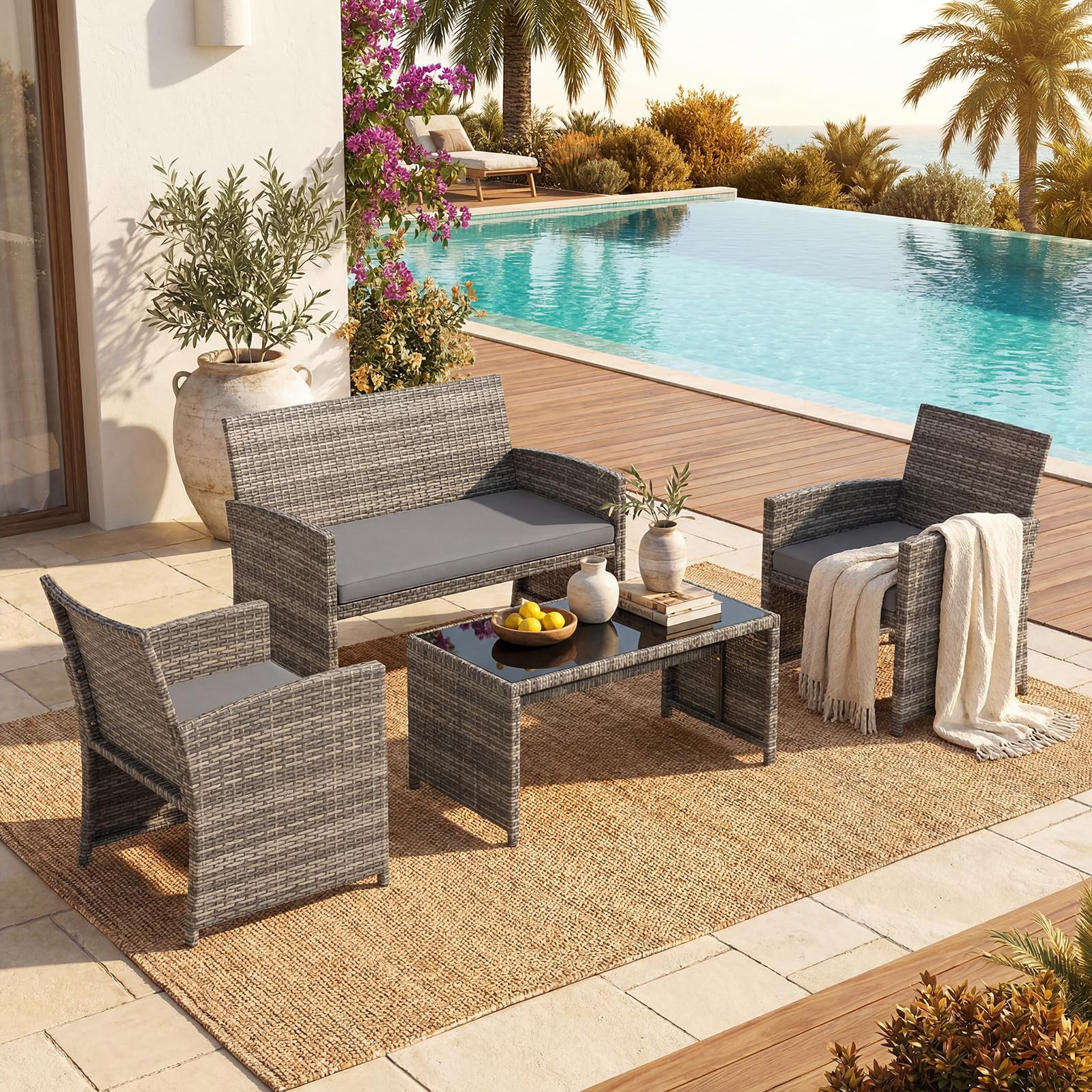 GIANTEX Set di mobili da giardino in rattan, 4 pezzi, divano a 2 posti, 2 poltrone, tavolino con ripiano in vetro, per 4 persone, tavolo e sedie per terrazza, patio (grigio)
