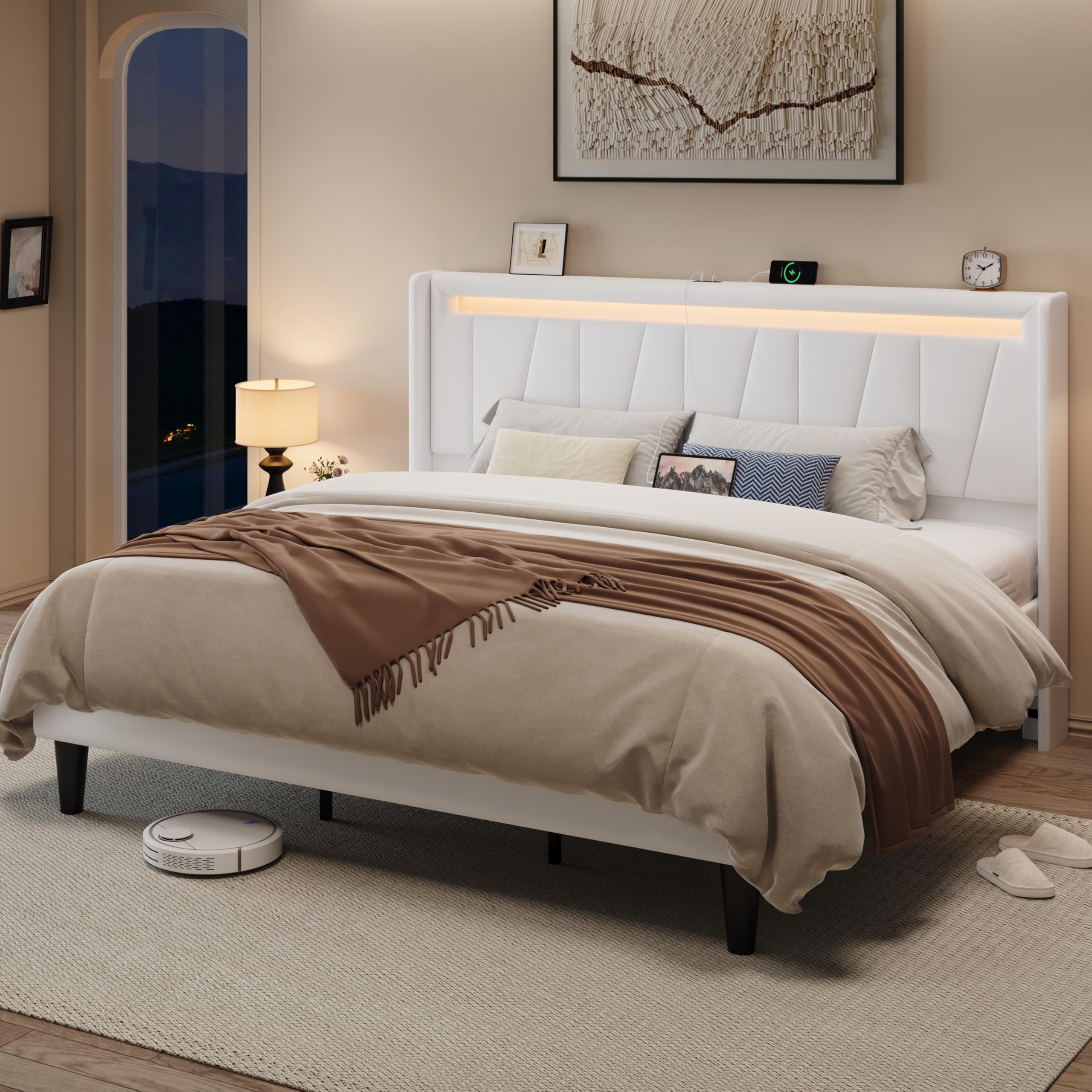 Allewie King Size LED Bed Frame with Charging Station, Velvet Upholstered Platform Bed with Geometric Wingback Headboard, Modern Frame with No Box