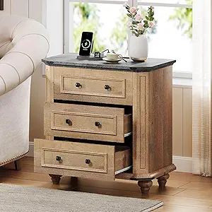 DWVO Nightstand with Charging Station, Farmhouse Bedside Table with 3 Drawers, Wood Night Stand w/Storage, Rustic Bed Side End Table for Bedroom Dorm Small Space, Brown