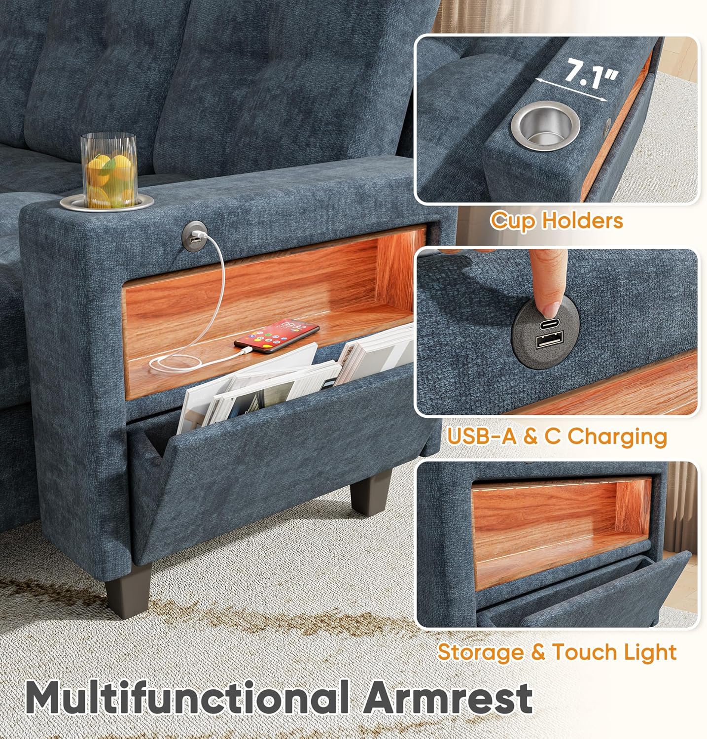 Close-up view of the Homall sectional sofa's multifunctional armrest, highlighting cup holders, USB charging ports, and hidden storage with LED lighting.