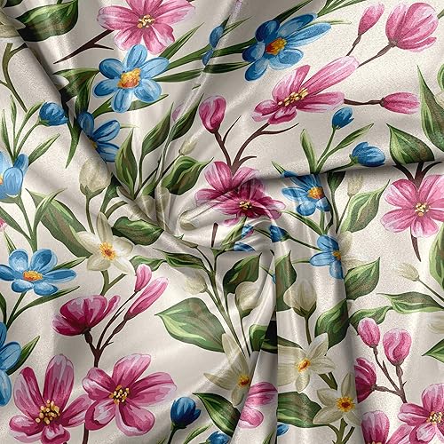 Miniatura 4 de Ambesonne Flower Fabric by The Yard, Blooming Spring Flowers on Branches Romantic Bouquet Corsage Design Print, Decorative Satin Fabric for Home
