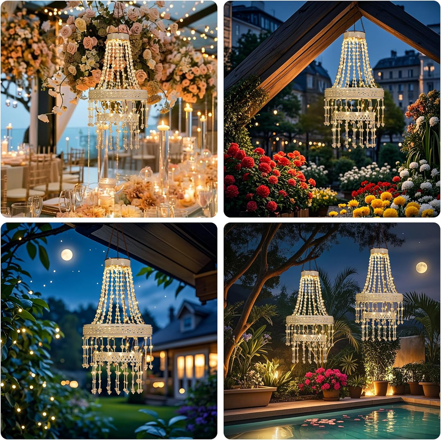 Hanging Solar Chandelier Outdoor Waterproof Crystal Beaded Chandelier with 36 Warm White LEDs Large Decorative Garden Lights for Outside Gazebo Porch Patio Yard Decor 32”H