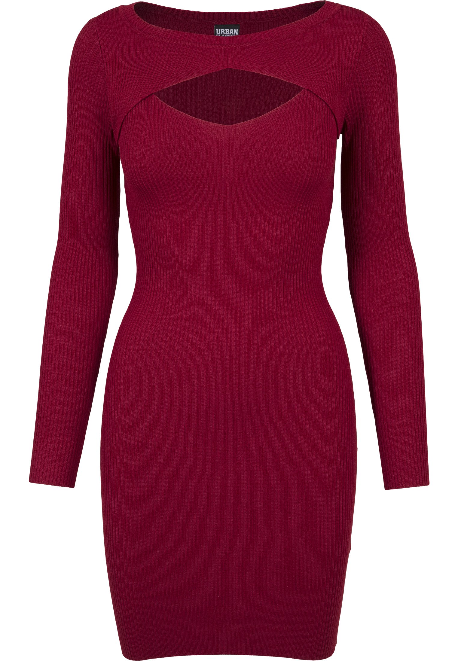 Urban Classics Vestido Corto de Manga Larga con Escote para Mujer, Acanalado, Elegante Vestido de Cóctel de material de punto, Color Burdeos o Negro