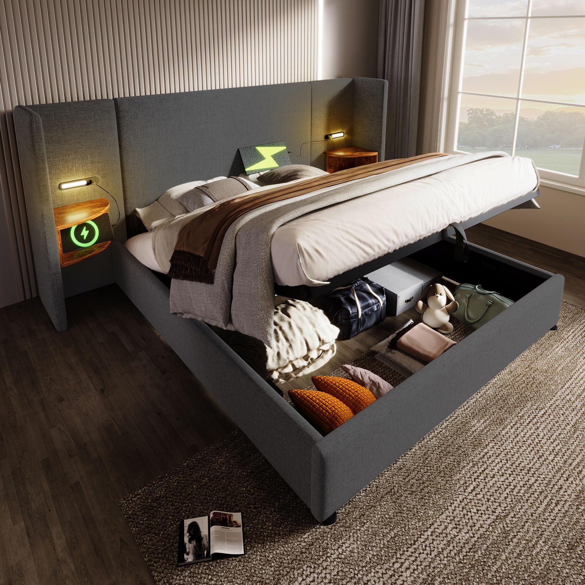 Letto imbottito 180 x 200 cm, comodino, lampada da lettura e ricarica USB C, rete a doghe legno massiccio e metallo, lino grigio
