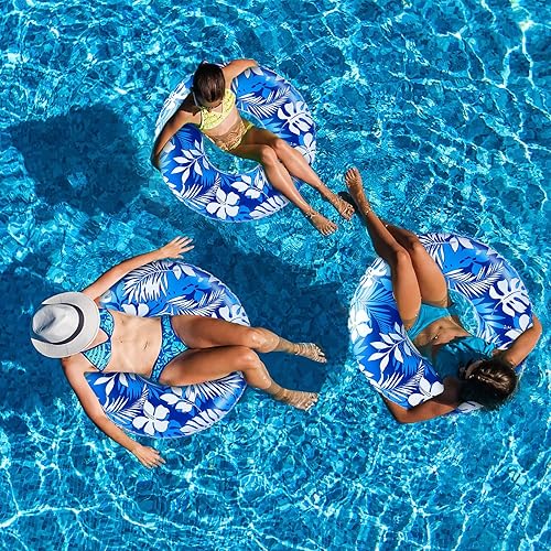 Miniatura 5 de Tubo flotante jumbo de 47.24 pulgadas para piscina, flotador grande para piscina, tubo inflable de hojas tropicales, anillos de piscina azul y