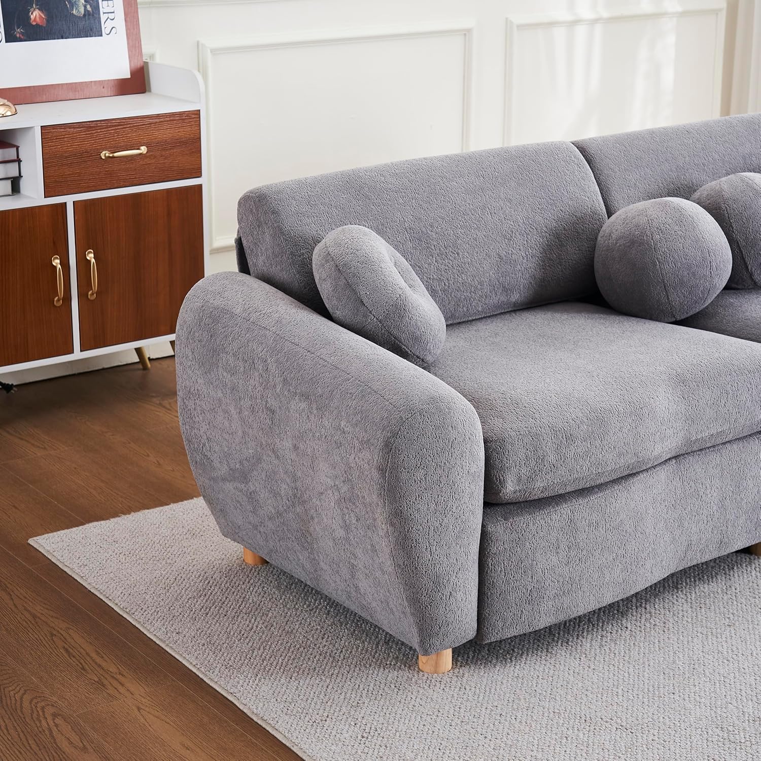 Modern Chenille Loveseat Sofa with 5 Pillows,84.6" Comfortable Straight-Row 2 Seat Sofa,Exquisite Stylish Sectional Couch for Apatment,Bedroom,Home Office,Grey
