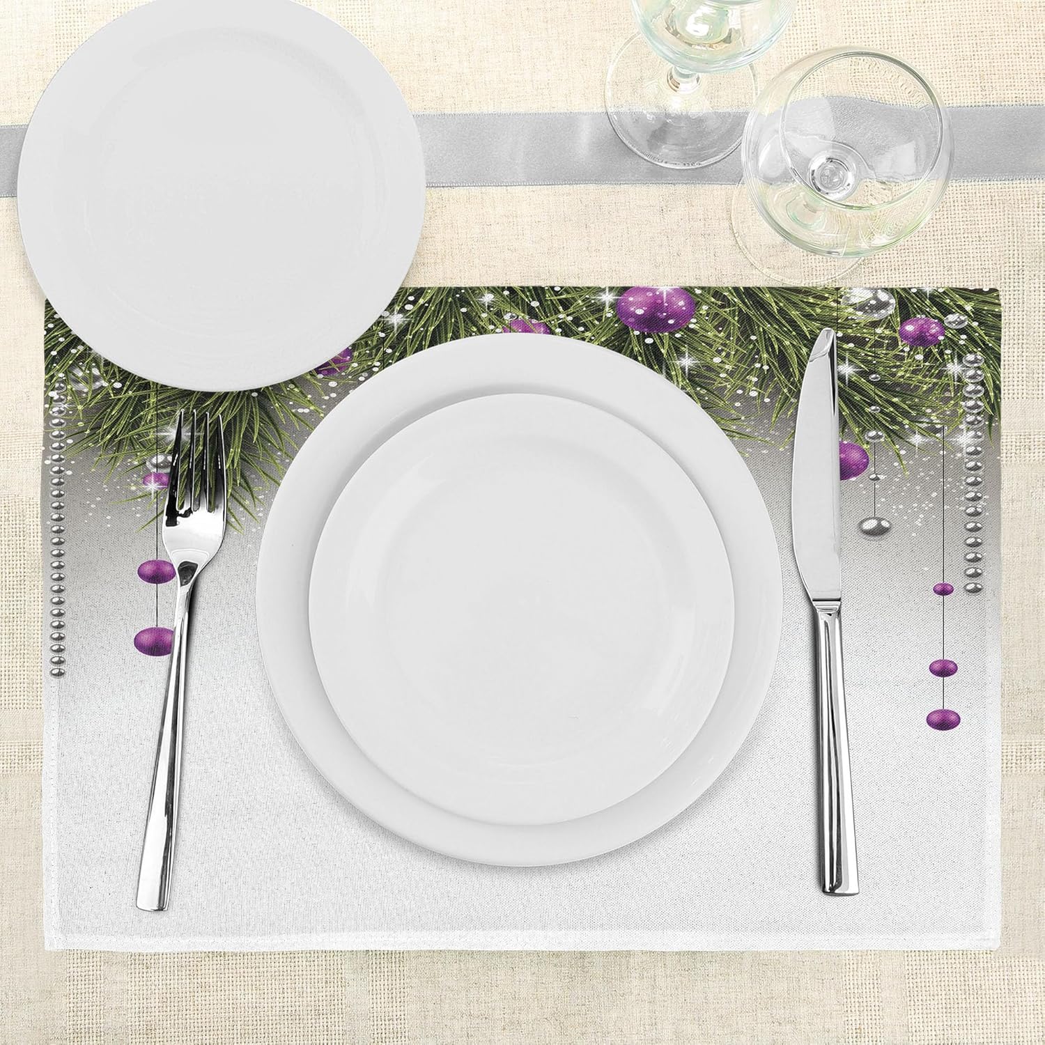 Ambesonne Christmas Place Mats Set of 8, Tree with Tinsel and Ball with Present Wrap Ribbon Celebration Picture, Washable Fabric Placemats for Dining Table, Placemat 8 pcs, Purple Grey