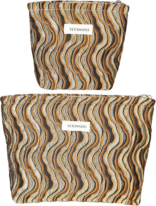 Necessaire de maquiagem BOCGRPU com estampa de ondas douradas, zíper e tecido duplo
