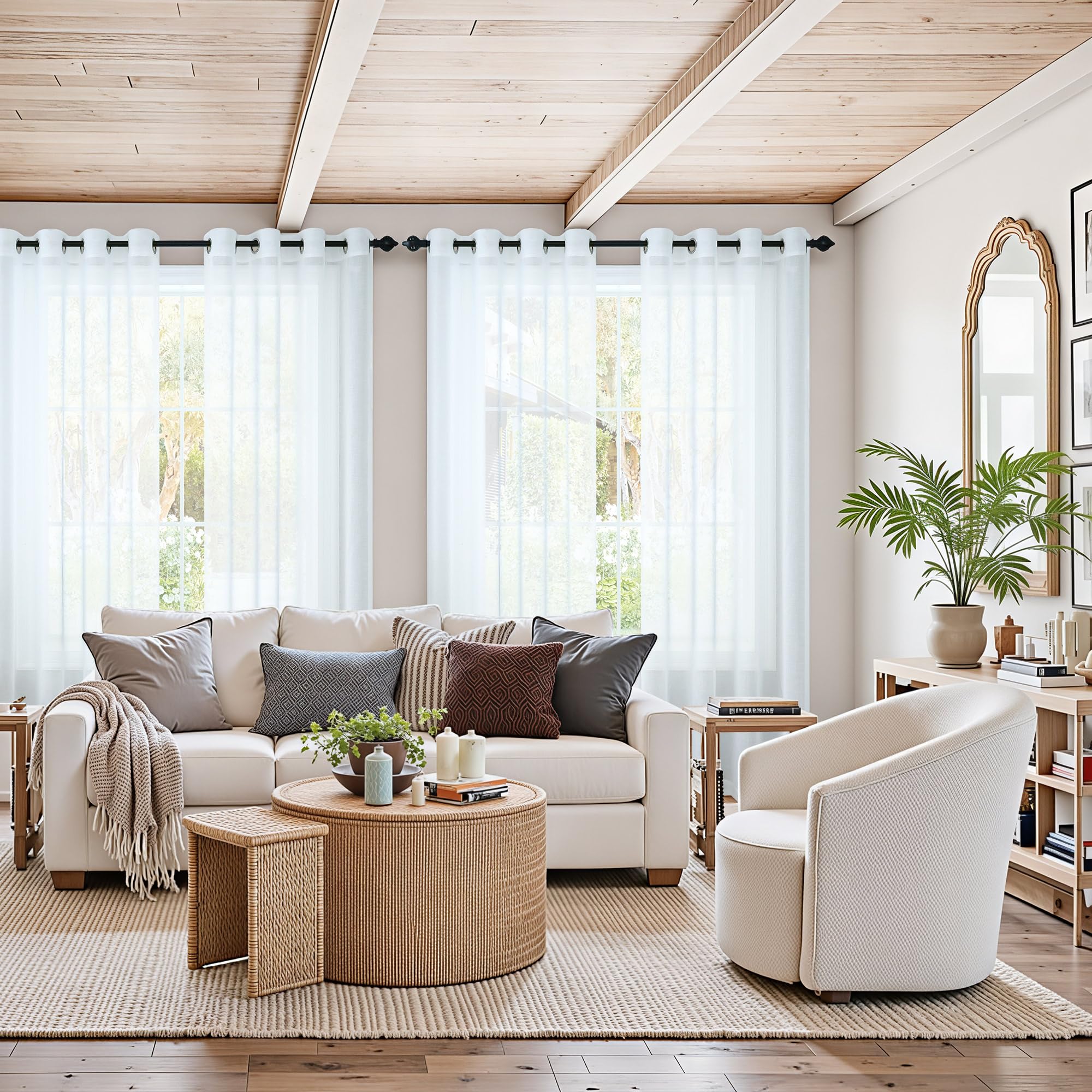 Pitalk Cortinas traslúcidas blancas de 84 pulgadas de largo para sala de estar, 2 paneles con ojales, cortinas de encaje ligeras y semitransparentes con aspecto de lino de algodón para dormitorio,
