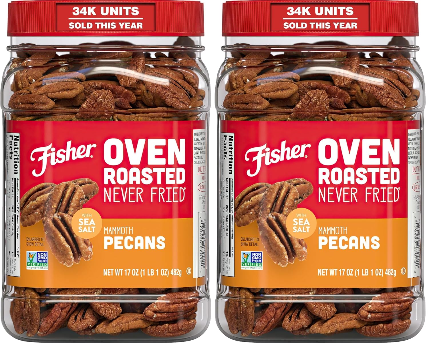 Fisher Oven Roasted Never Fried Mammoth Pecans,17 Ounces,Heart Healthy Snacks for Adults,Made with Sea Salt,No Added Oil or Artificial Ingredients,Gluten Free,Vegan Protein,Bulk,(Pack of 2)