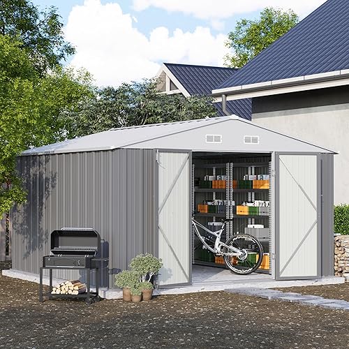 Patiowell Cobertizo de almacenamiento de metal de 10 x 10 pies para exteriores, cobertizo de acero con diseño de puertas con cerradura,
