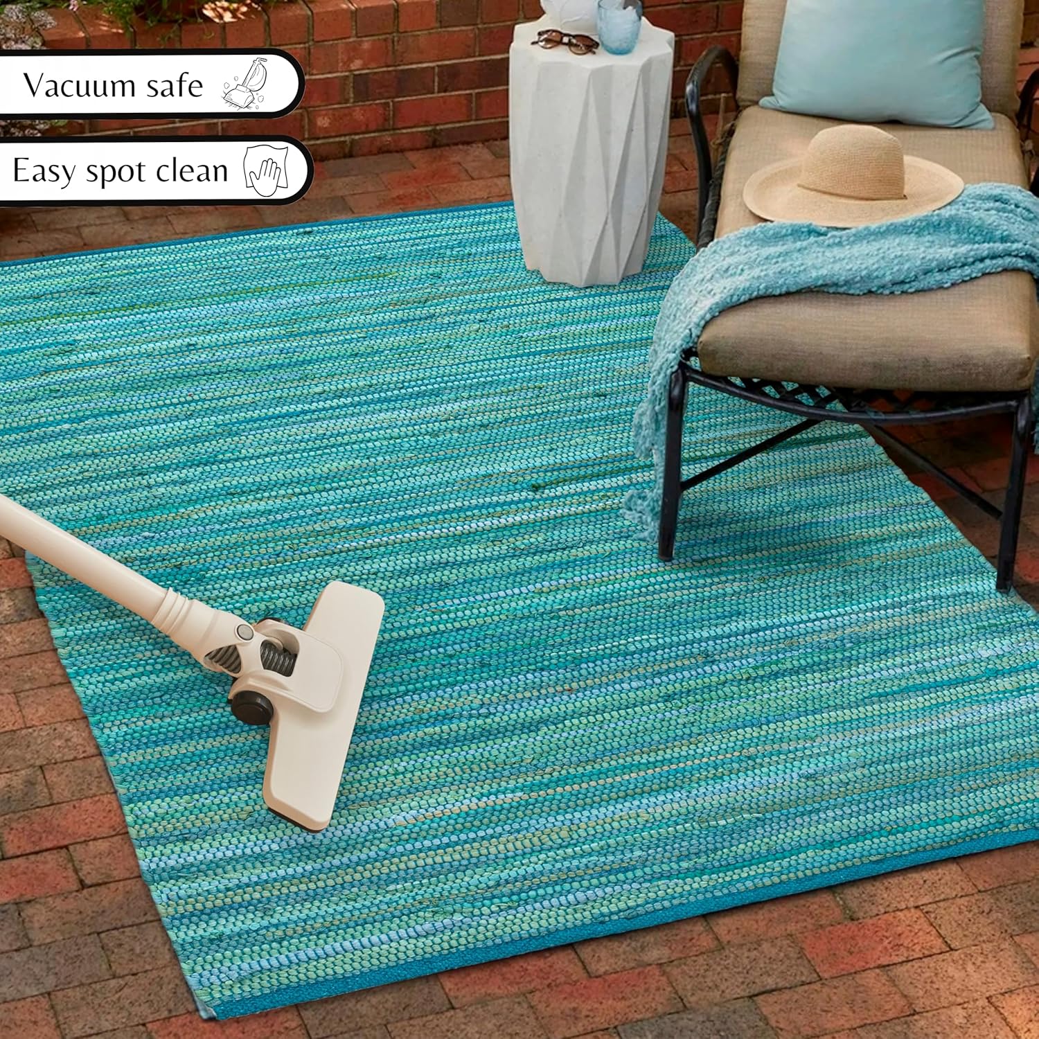 Cotton Hand Woven Chindi Rug 3x5 Feet - Teal, Reversible Large Durable Handmade Rag Dhurrie Ideal for Hallway, Kitchen, Living Room | Green Farmhouse Decorative Rectangular Floor Mat for Balcony