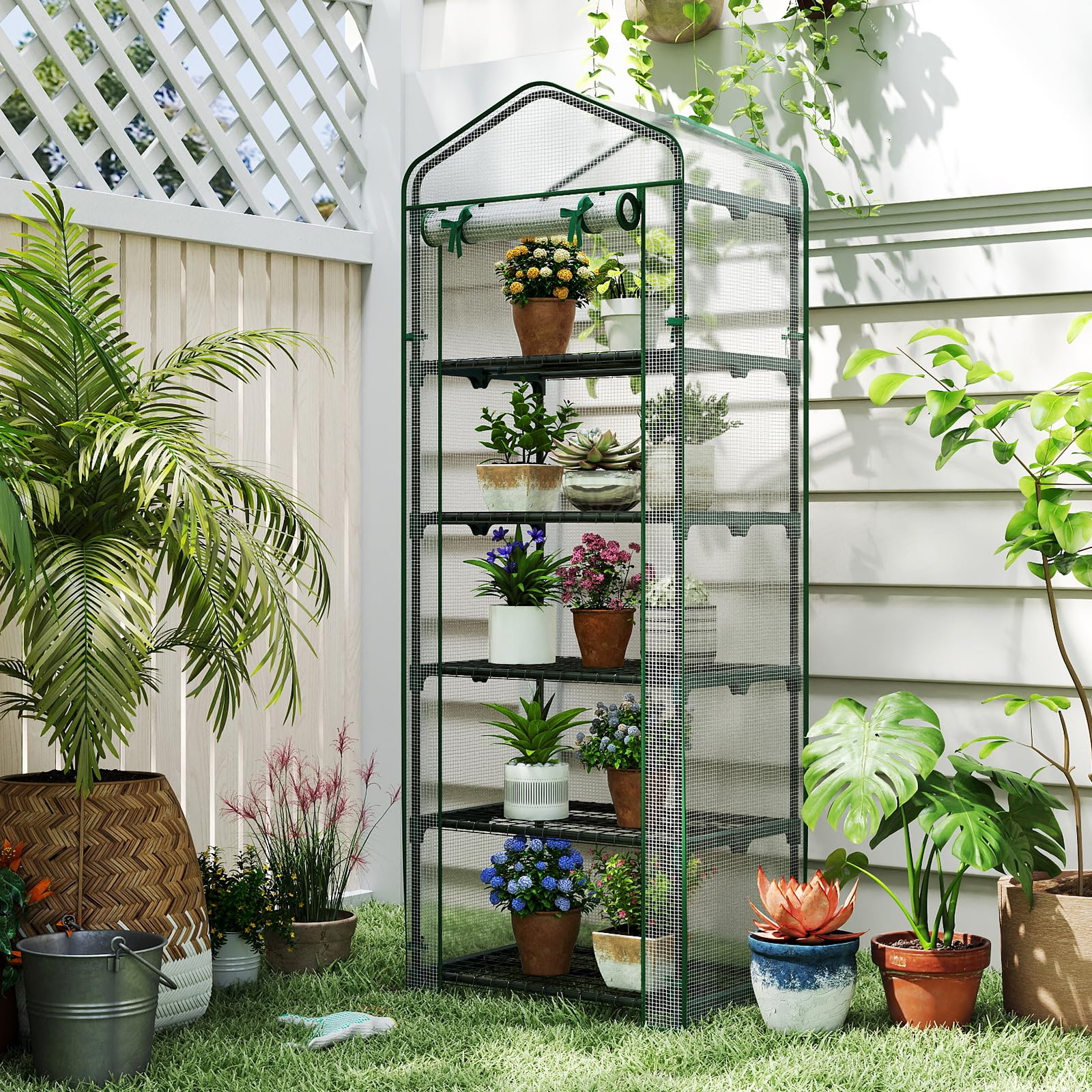 COSTWAY Serre de Jardin avec 5 Étagères, Mini Serre Extérieur avec Housse en PE Porte Enroulable Cadre en Métal Électro-Couvert Antirouille, pour Tomates Plantes, 69 x 48 x 190 cm